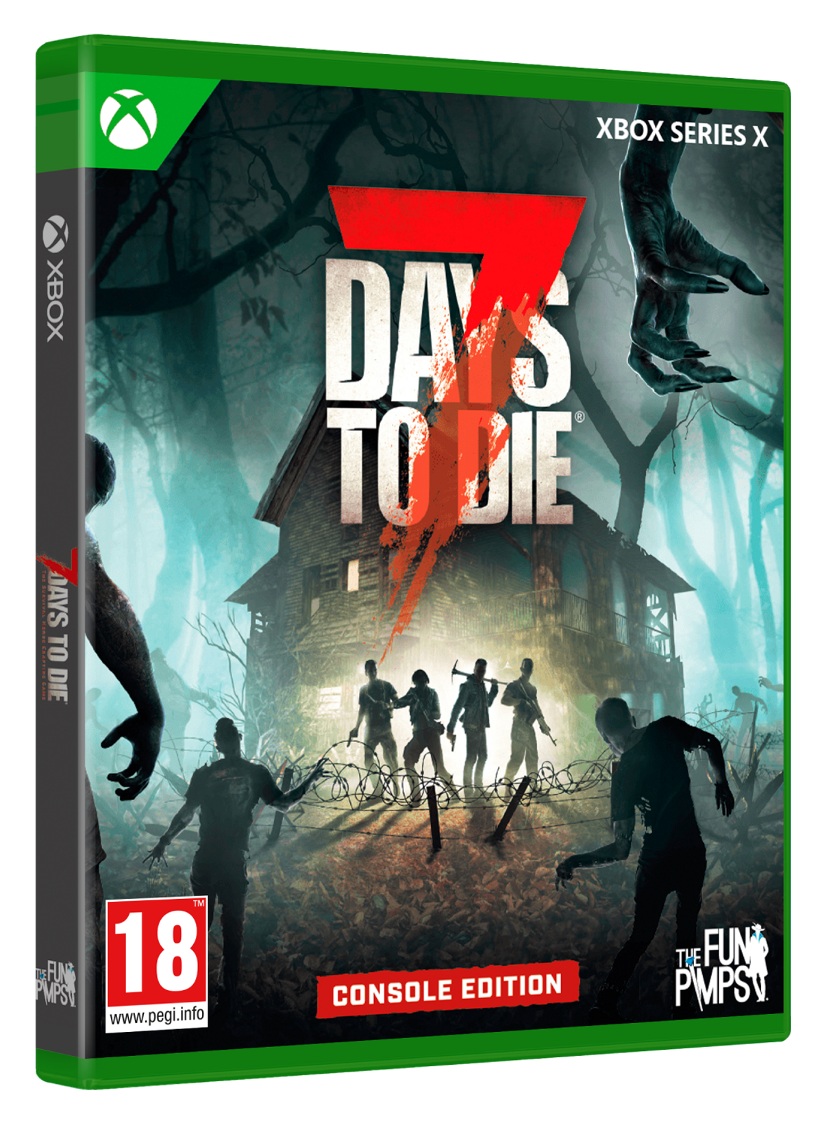 Spielcover: 7 Days to Die, Konsolen-Edition. Zombies umgeben ein Haus mit rotem Titel.