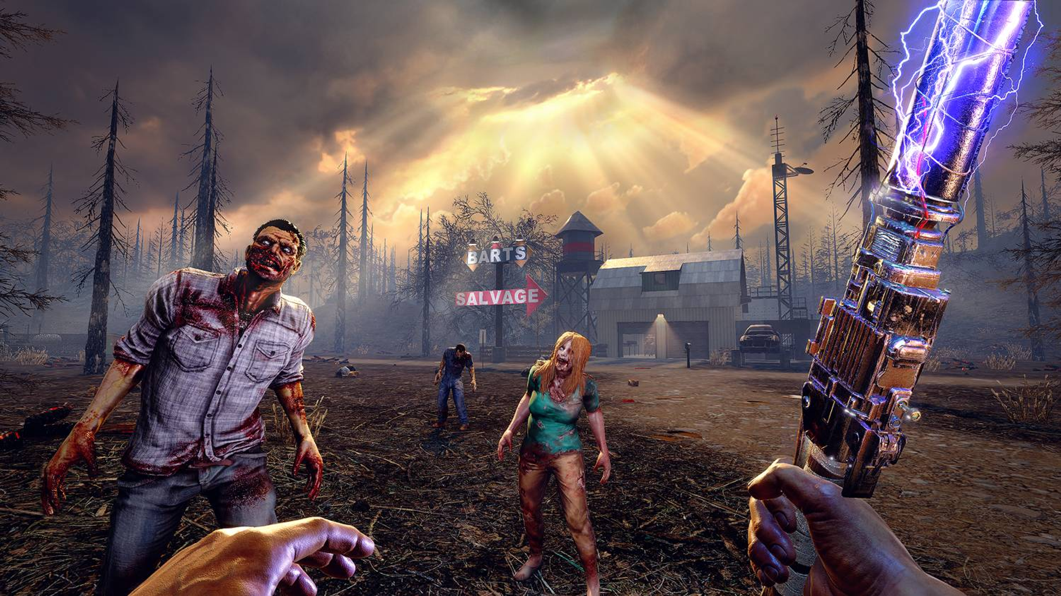 Ego-Perspektive eines Zombie-Shooters. Zombies nähern sich einem Schrottplatz, Waffe in der Hand, Blitz.