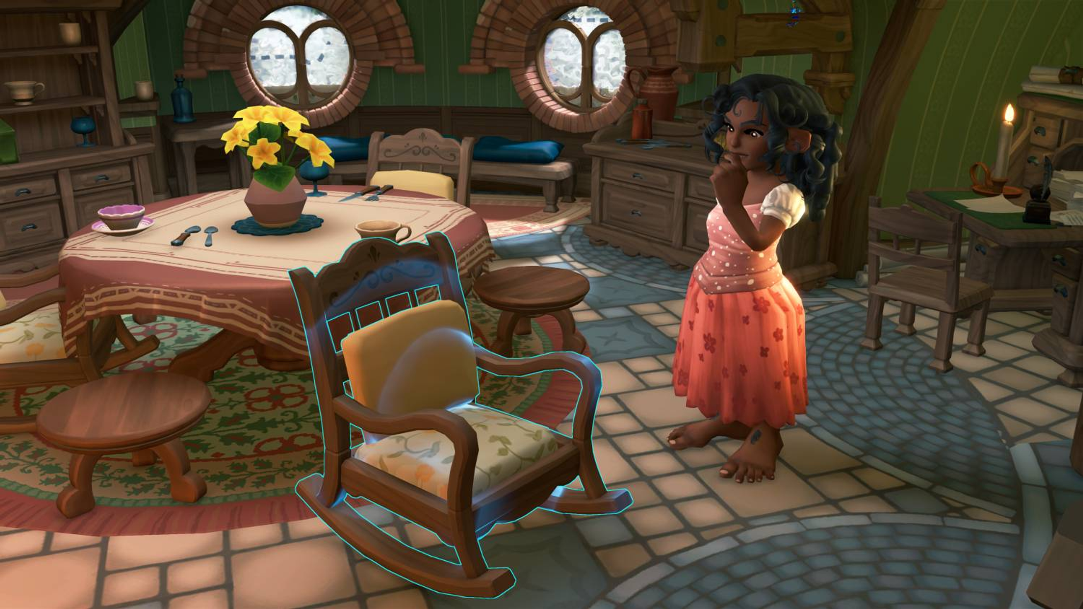 Un personaje de dibujos animados está en una habitación acogedora y bien iluminada con una mecedora.