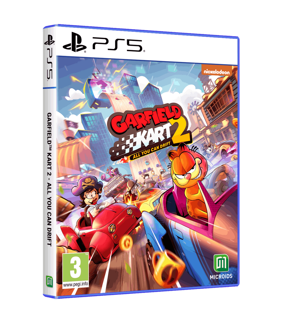 Arte de caja del juego: Garfield Kart 2, personajes compitiendo. Logotipo de PS5. Colores brillantes y acción.