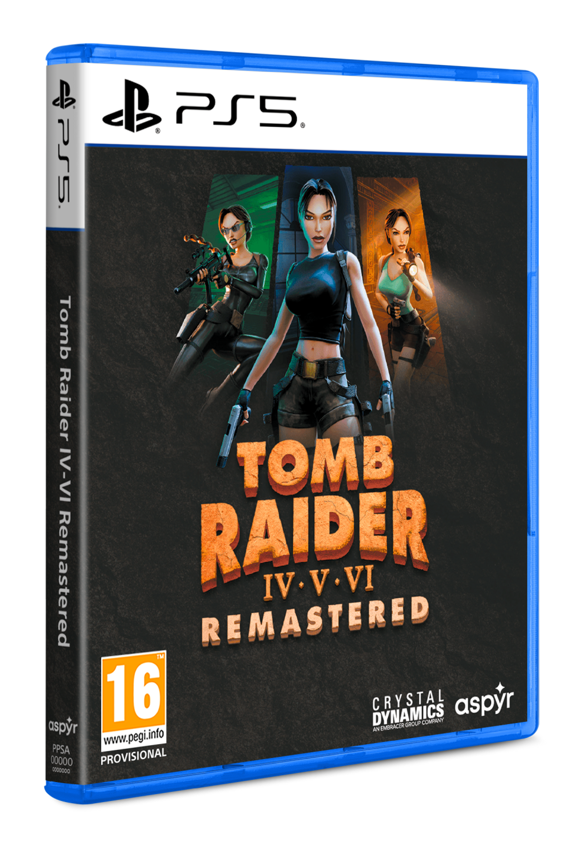 Portada del juego: Lara Croft con armas, en top negro y shorts, en una caja de PS5, título Tomb Raider.