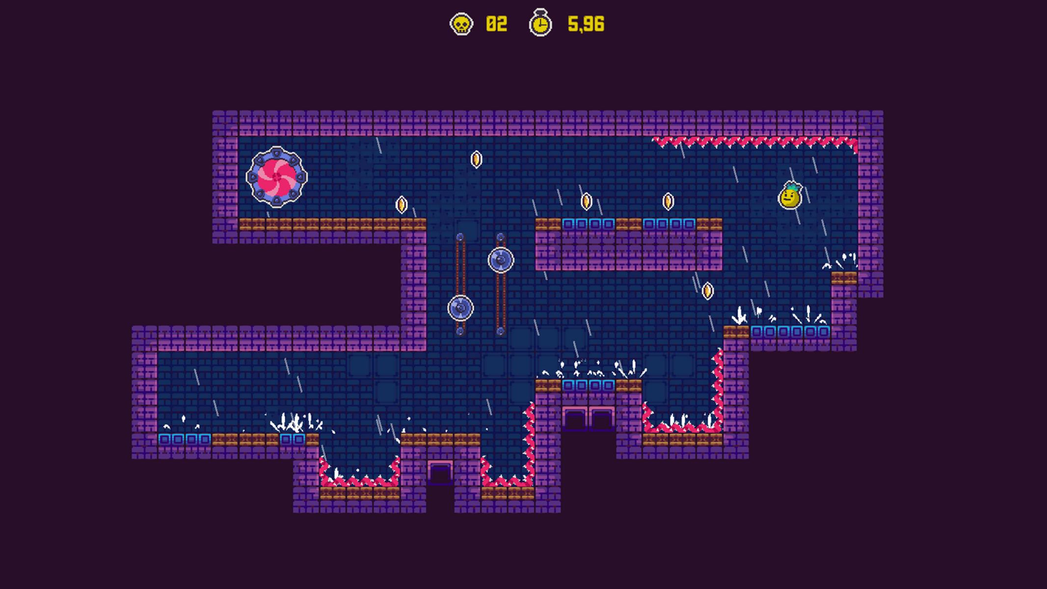Pantalla de juego: Nivel de plataforma pixelado con lluvia y monedas.