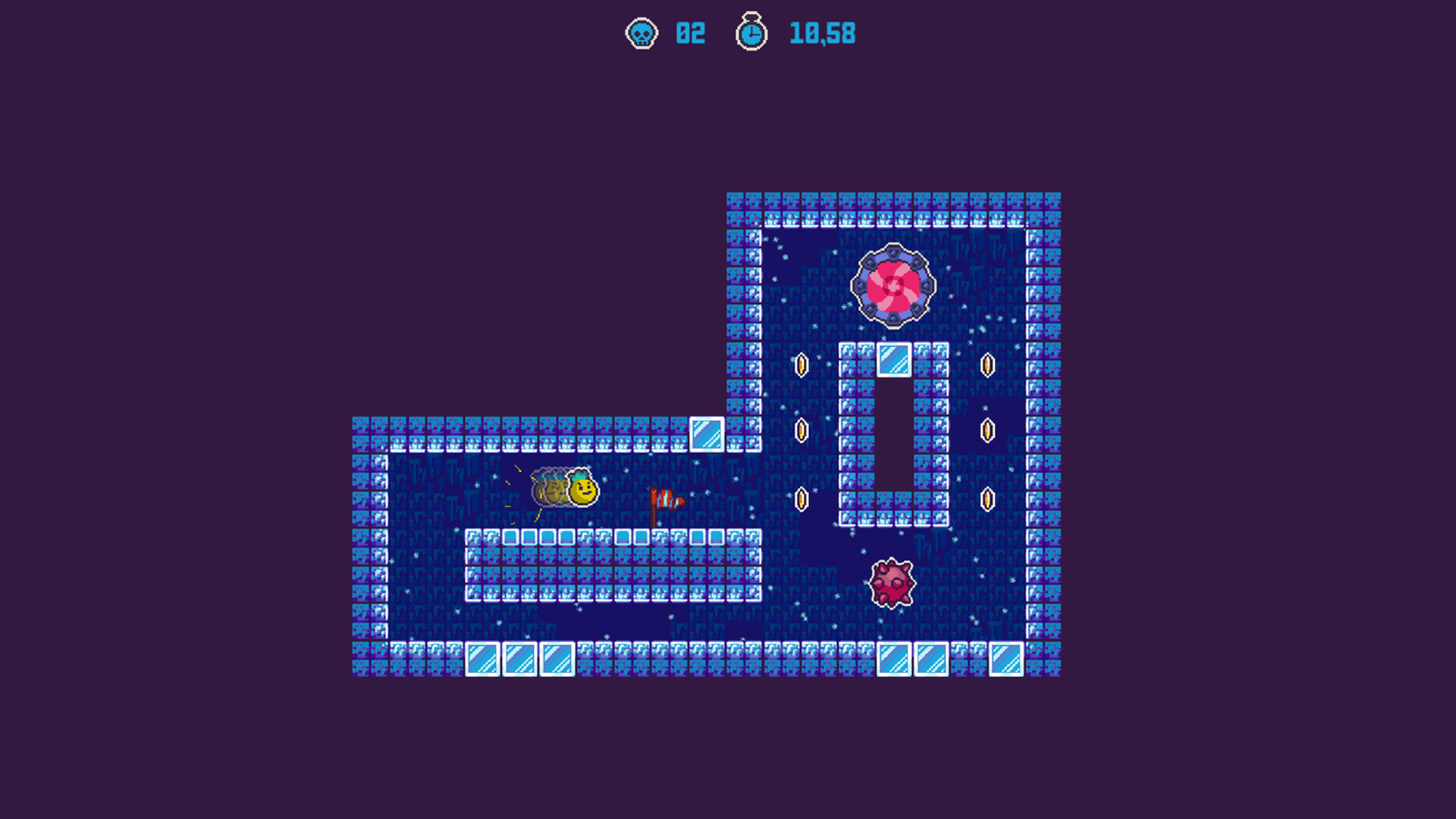 Pantalla de juego: Nivel pixelado con un personaje y enemigos.