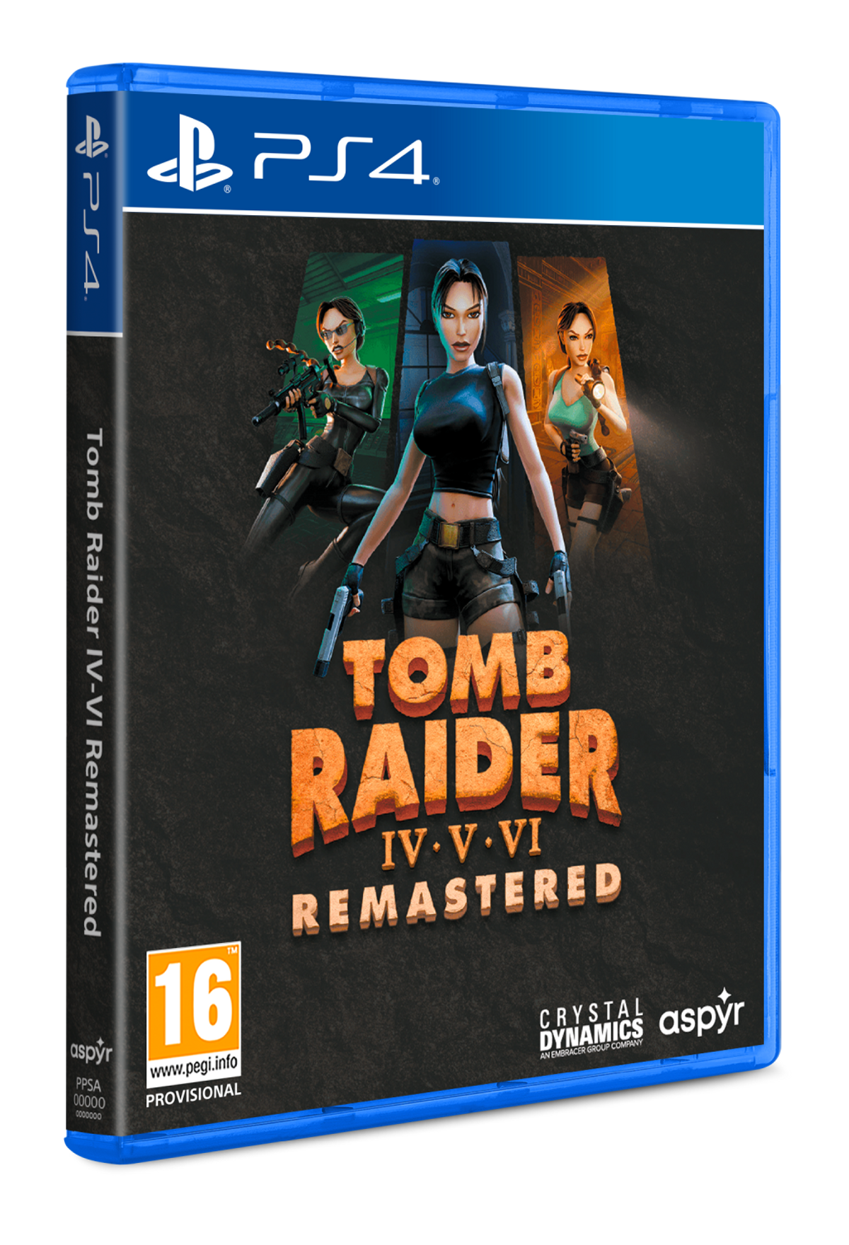 Portada del juego Tomb Raider IV-VI Remastered. Lara Croft está en el centro, con otros personajes.