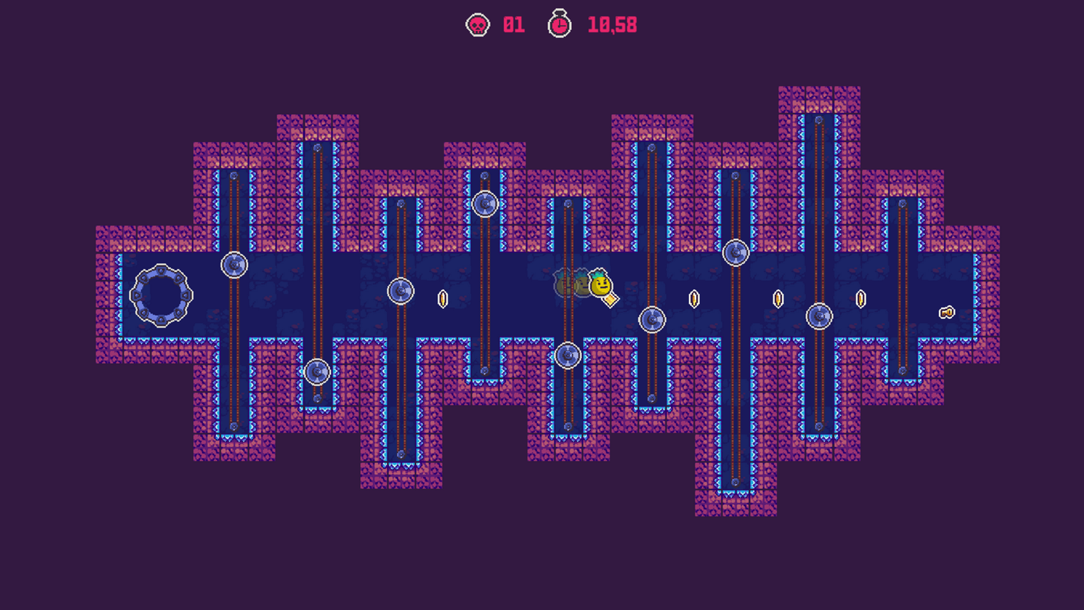 Pantalla de juego: Nivel de plataforma con un personaje y plataformas móviles.