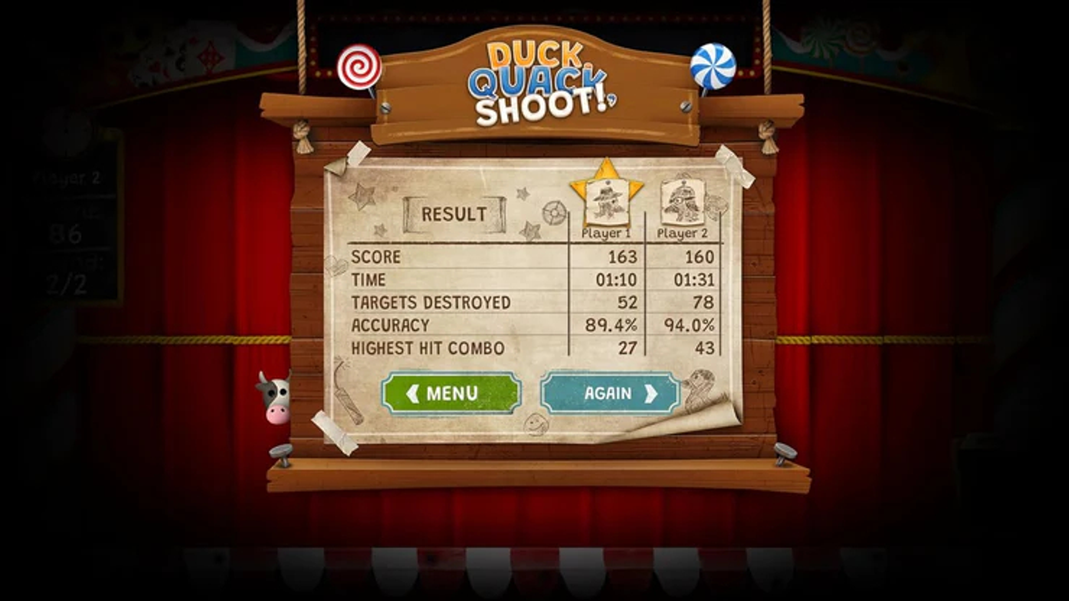 Schermata di gioco: Schermata dei risultati del gioco Duck Quack Shoot, con punteggi.