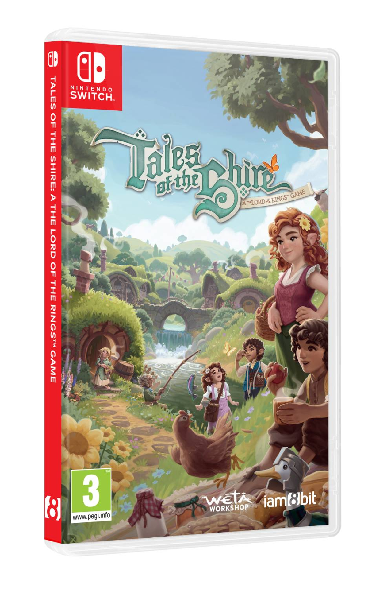 Portada del juego: Escena tipo Hobbit con pueblo, personajes y título del juego.