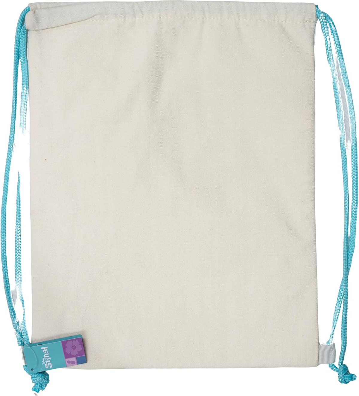 Schlichter weißer Kordelzugbeutel mit Stitch-Etikett und blauen Kordeln.