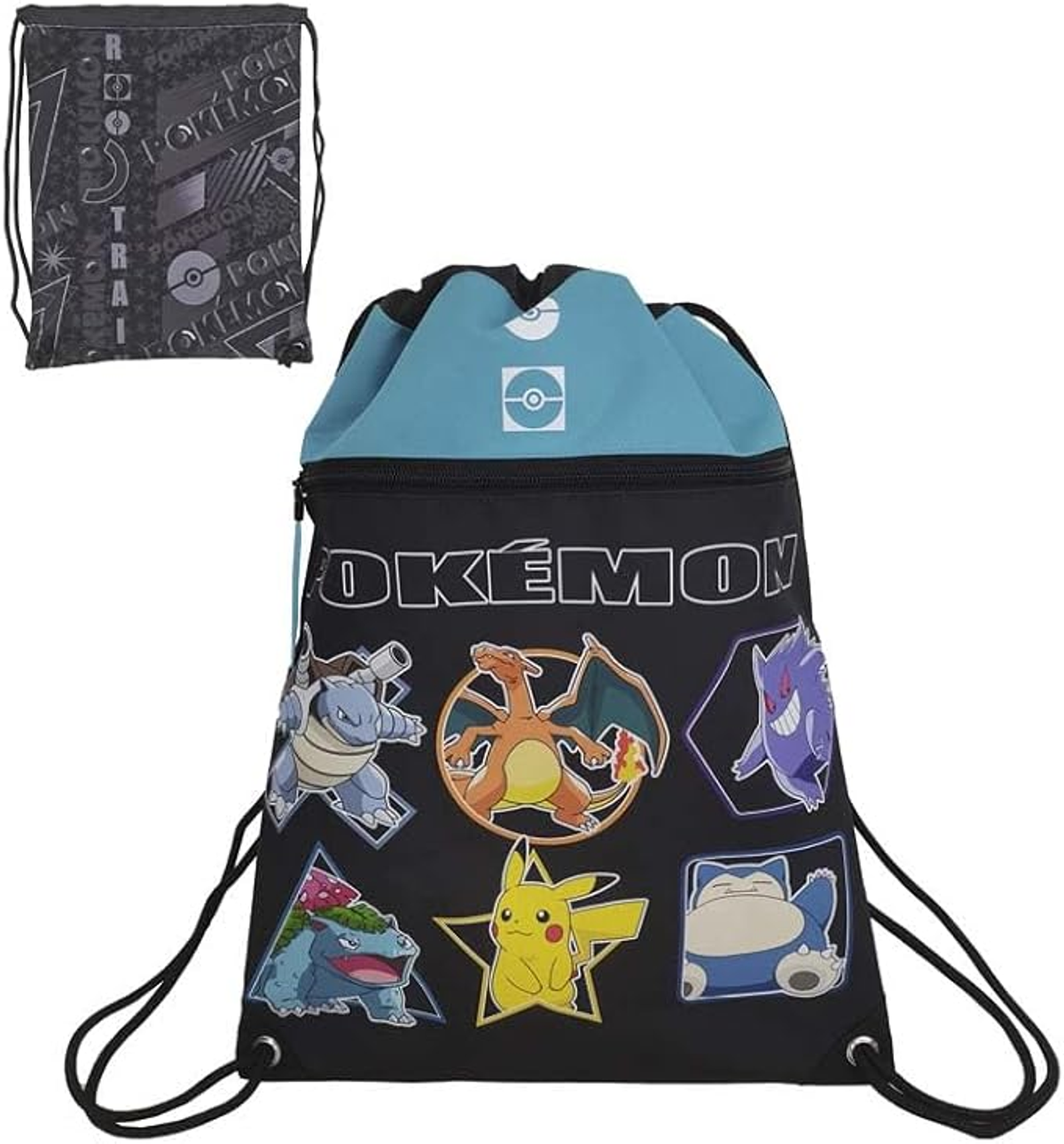 Bolsa con cordón de Pokémon con varios personajes de Pokémon y una parte superior azul.
