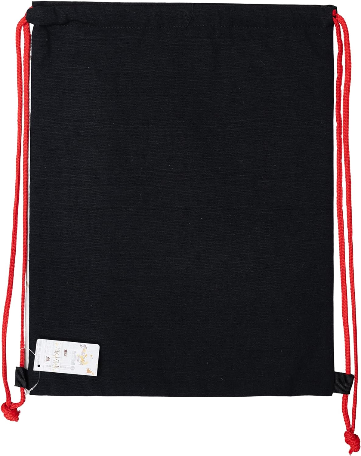 Bolsa negra con cordón y cordones rojos. Una pequeña etiqueta cuelga de la esquina inferior derecha.