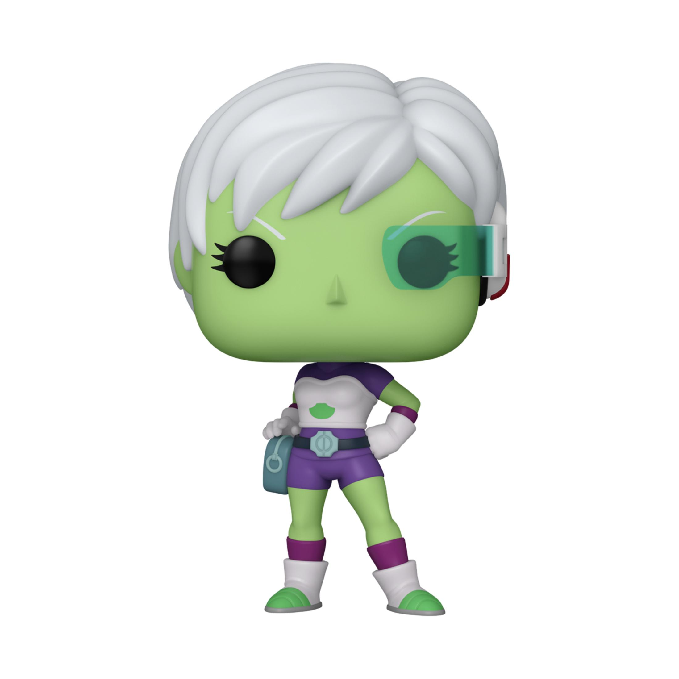 Eine Funko Pop Figur einer grün-häutigen Alien-Frau mit weißen Haaren, lila Shorts und einer blauen Tasche.