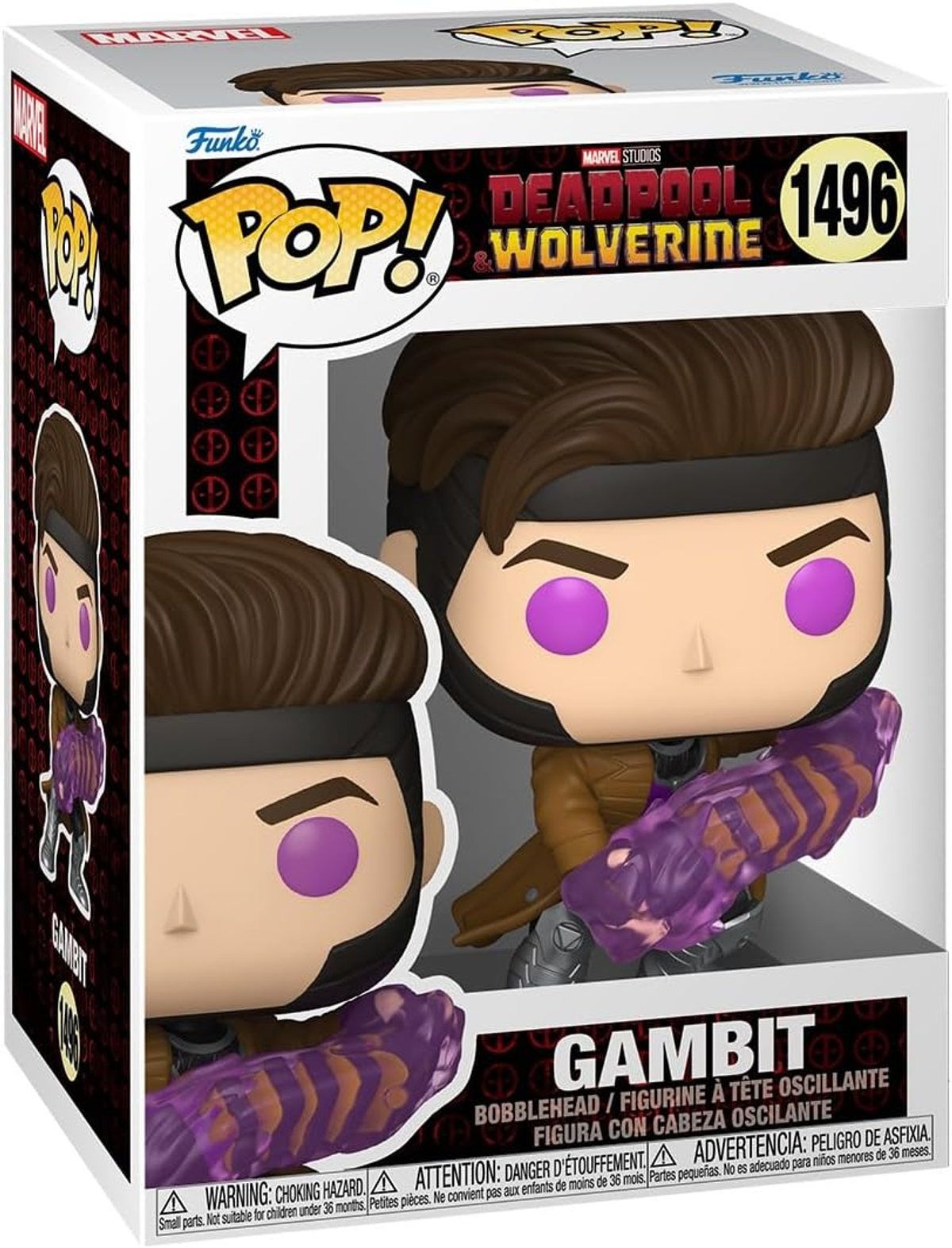 Scatola Gambit Funko Pop con figura che tiene una sfera di energia viola.