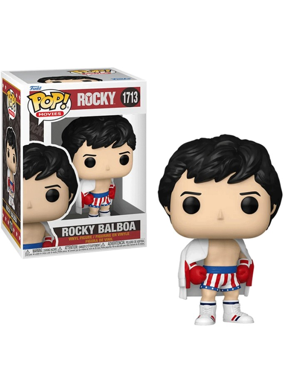 Figura de Funko Pop de Rocky Balboa con atuendo de boxeo, bata blanca y guantes rojos.