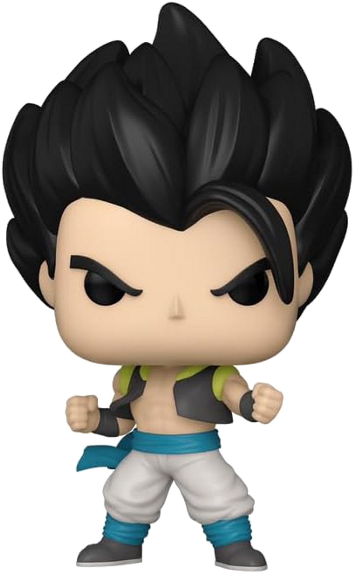 Una figura Funko Pop de Gogeta de Dragon Ball, en una pose de lucha dinámica.