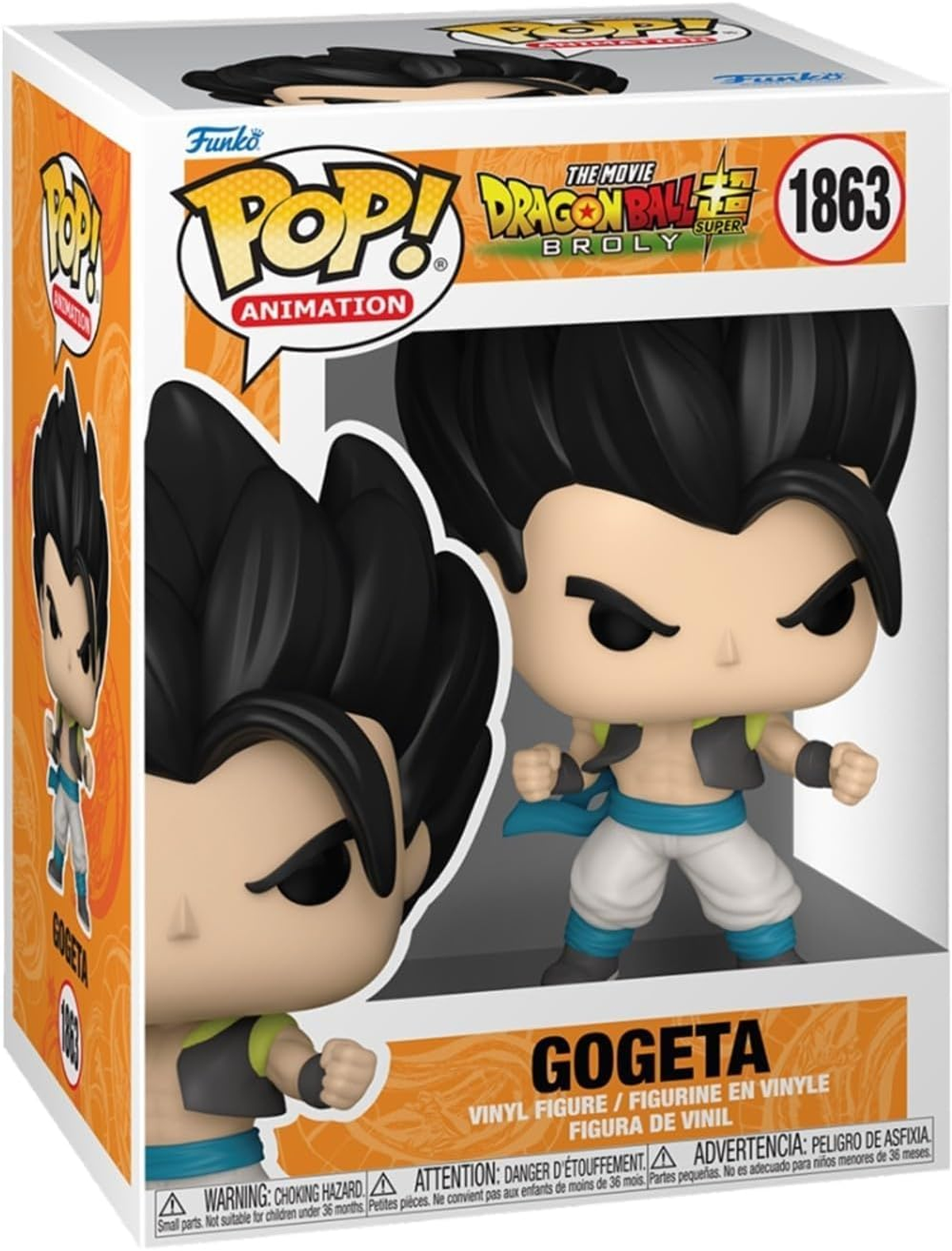 Figura Funko Pop de Gogeta de Dragon Ball Super, en pose dinámica, en caja sobre fondo naranja.