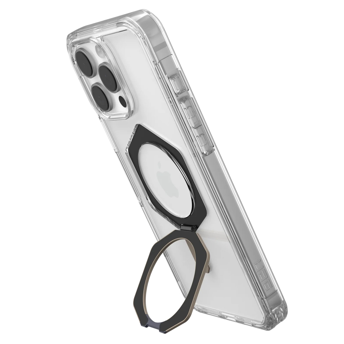 Transparente Handyhülle mit Ringhalterung, an einem Telefon befestigt.