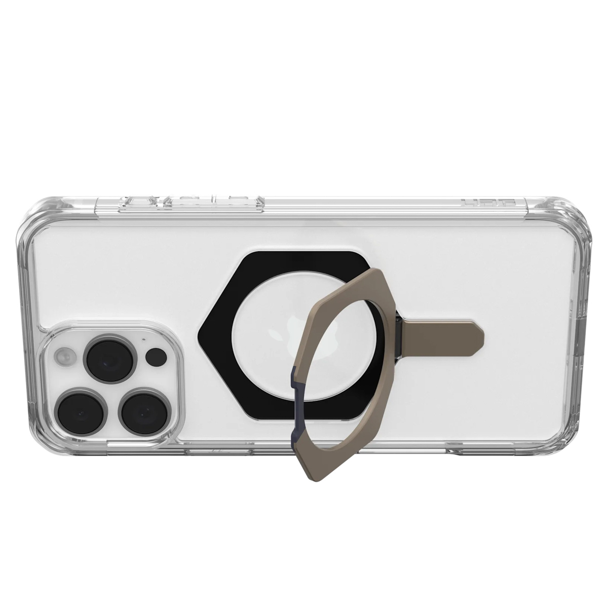 Eine transparente Handyhülle mit angebrachtem Magnetringständer, von oben gesehen.