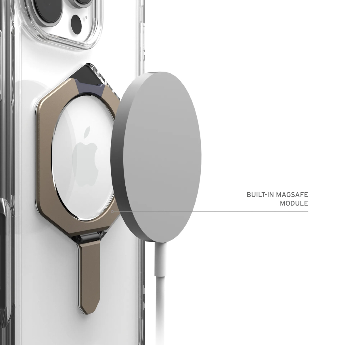 iPhone mit Schutzhülle und Nahaufnahme des MagSafe-Ladegerätmoduls.