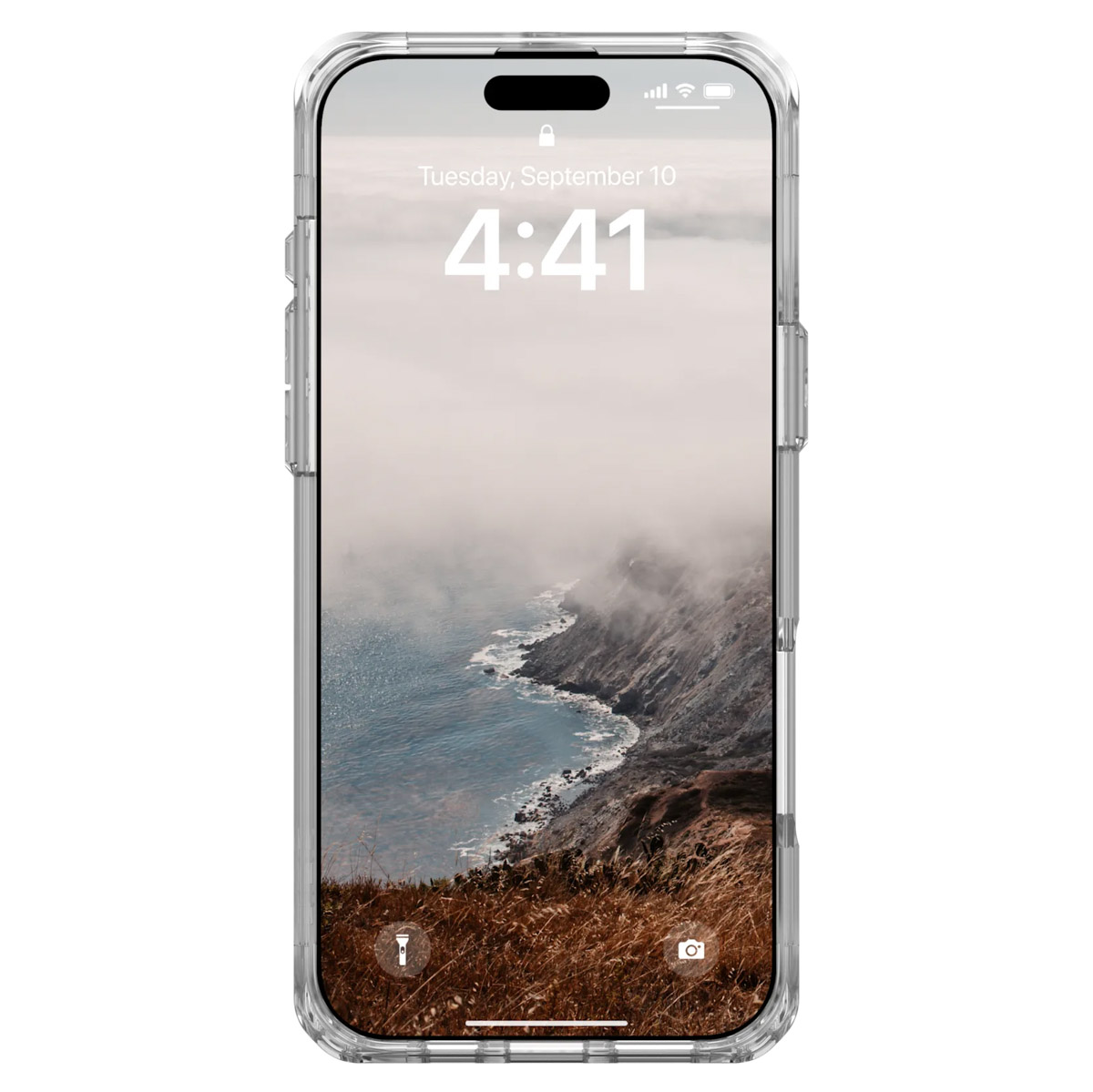 iPhone mit Küstenansicht um 16:41 Uhr, transparente Hülle.