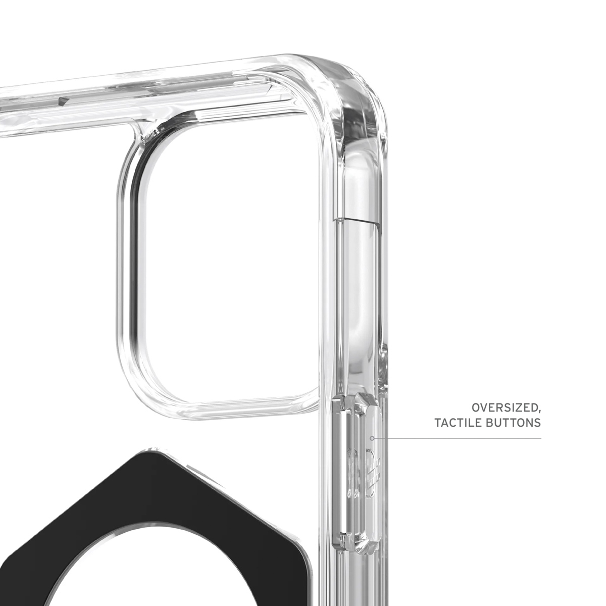 Nahaufnahme der transparenten iPhone-Hülle, die übergroße taktile Tasten zeigt.