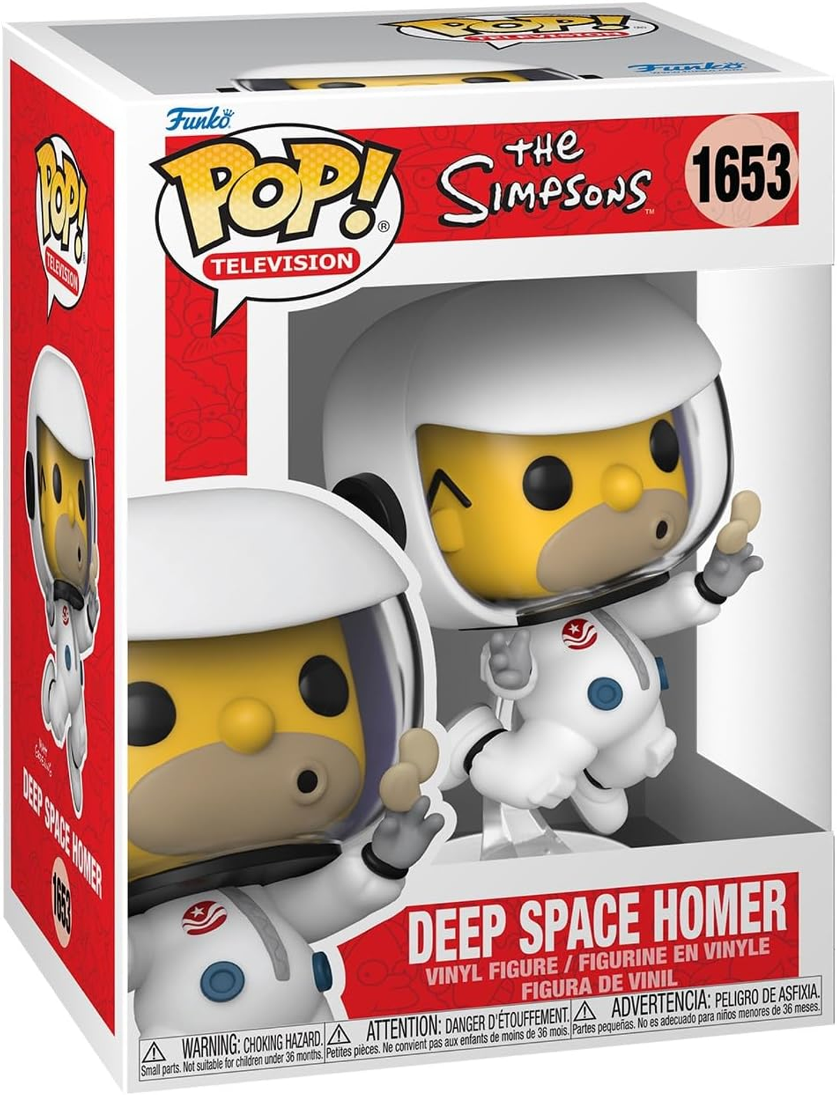 Una figura Funko Pop! di Deep Space Homer. Homer Simpson con tuta spaziale bianca e casco, su una scatola con il marchio Simpsons.