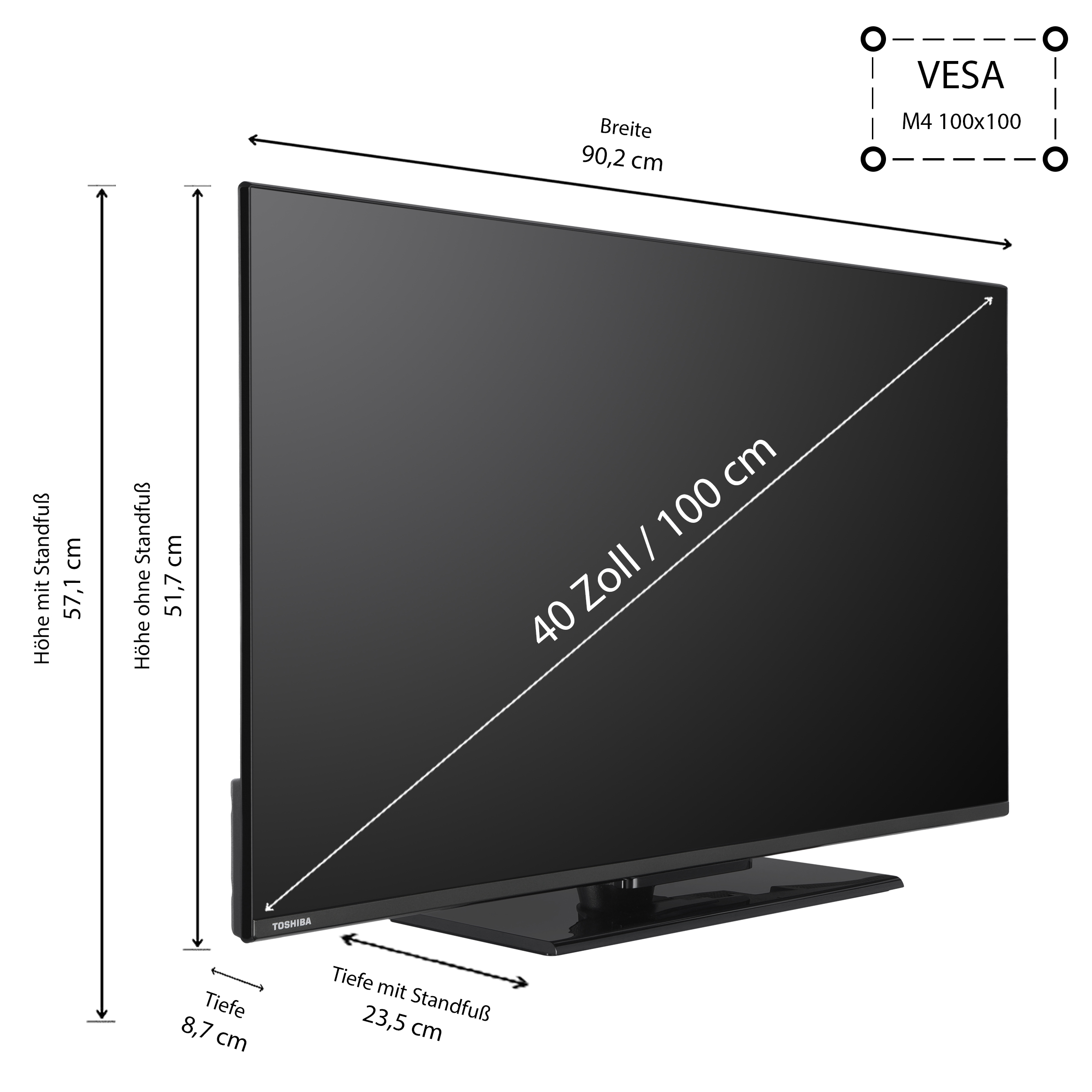 Schwarzer Fernseher mit Maßen, vor weißem Hintergrund. Zeigt VESA-Lochabstände.
