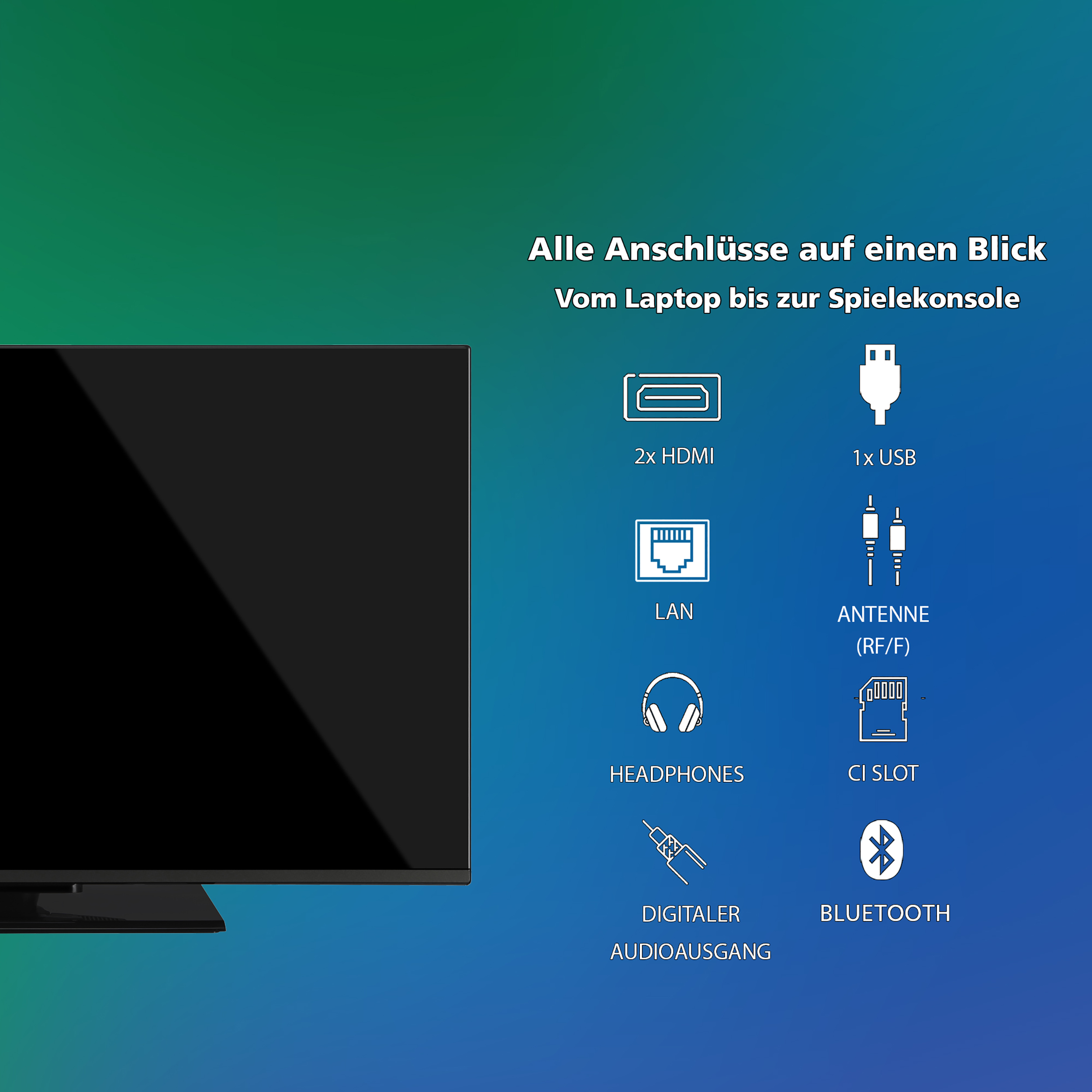 Flachbildfernseher mit Verbindungssymbolen. Anschlüsse: HDMI, USB, LAN, Antenne uvm.