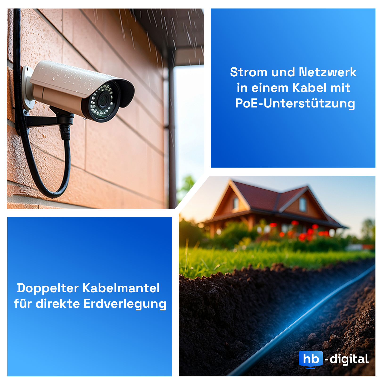 Sicherheitskamera an einer Ziegelmauer mit Text über Power over Ethernet.