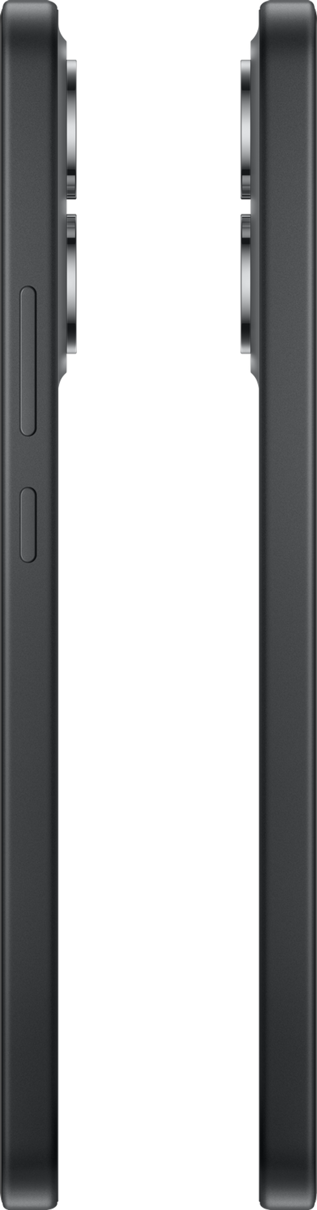 Dos lados de un smartphone gris. Fondo negro.