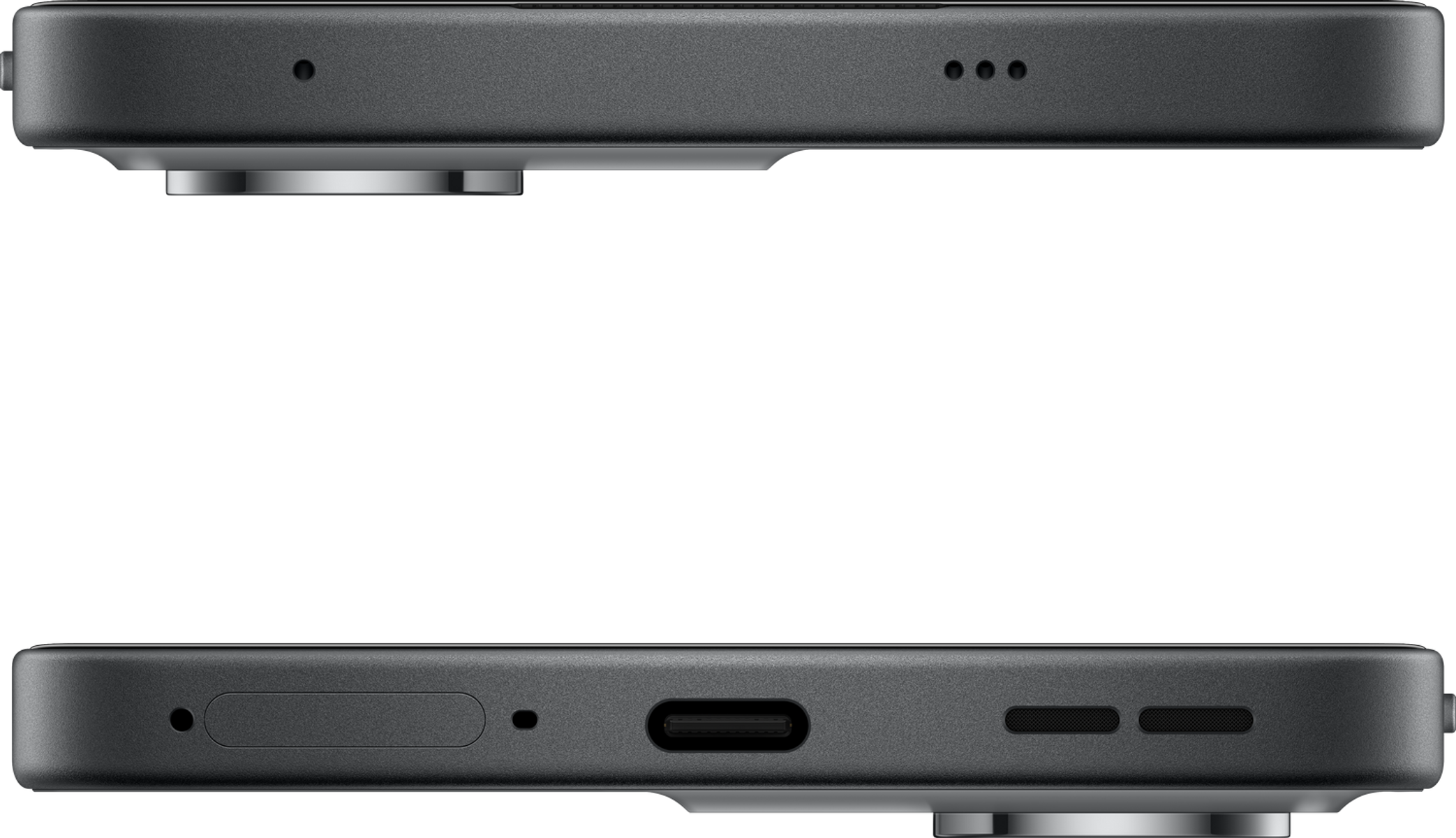 Primo piano di un telefono grigio, che mostra i lati superiore e inferiore.