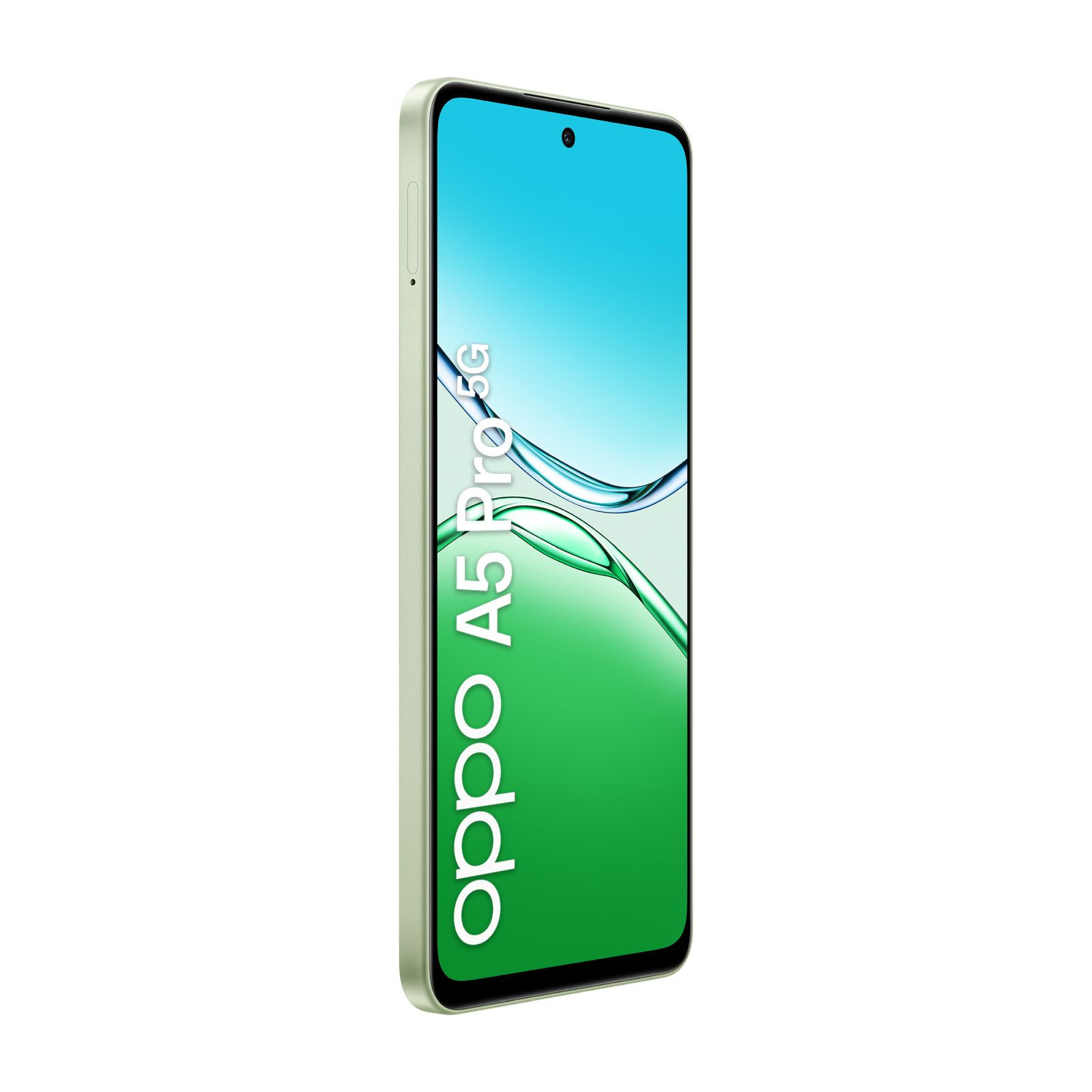 Grünes Oppo A5 Pro 5G Smartphone nach links geneigt. Bildschirm zeigt ein grünes und blaues Wellenmuster. Weißer Hintergrund.