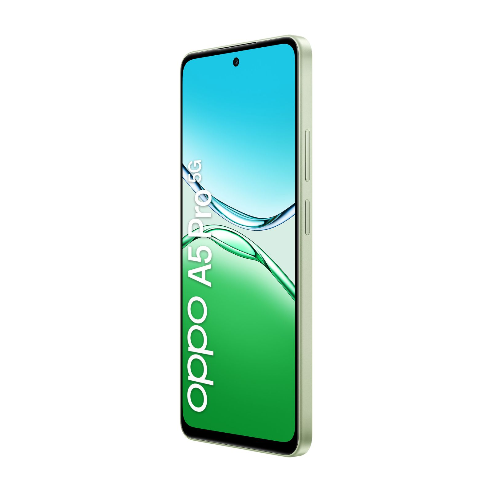 Ein Oppo A5 Pro 5G Telefon in hellgrün, schräge Ansicht, weißer Hintergrund.