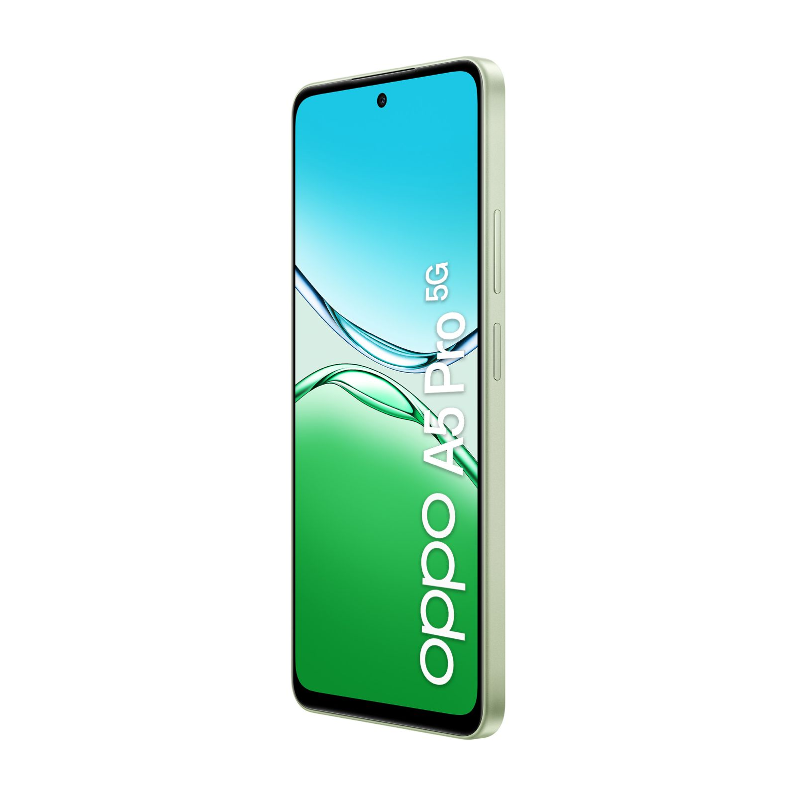 Ein Oppo A5 Pro 5G Smartphone mit grünem Gehäuse, aufrecht stehend.