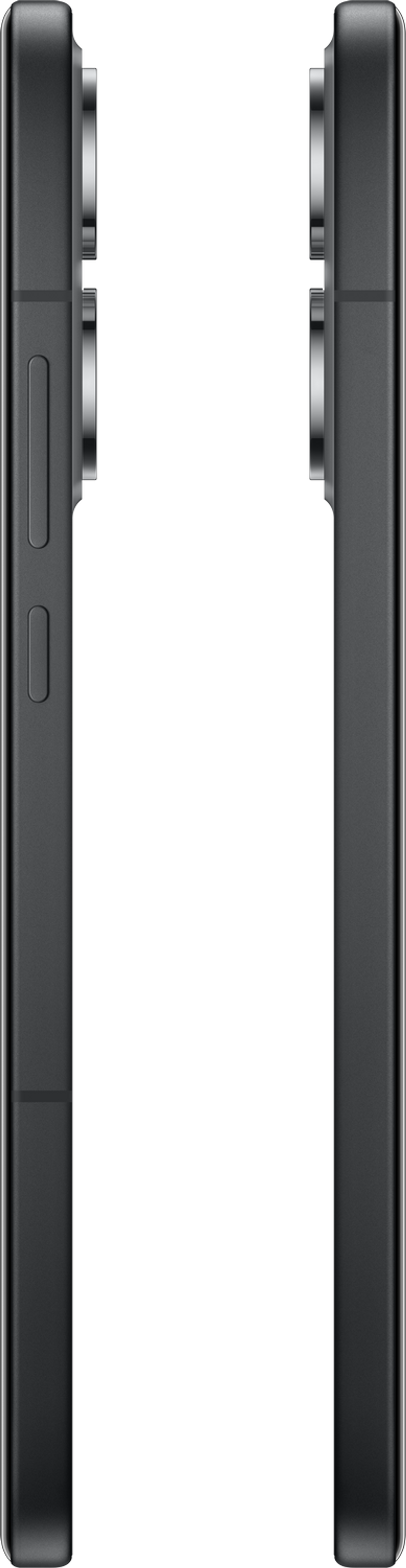 Zwei schwarze Smartphones, Seitenansicht, vor schwarzem Hintergrund.