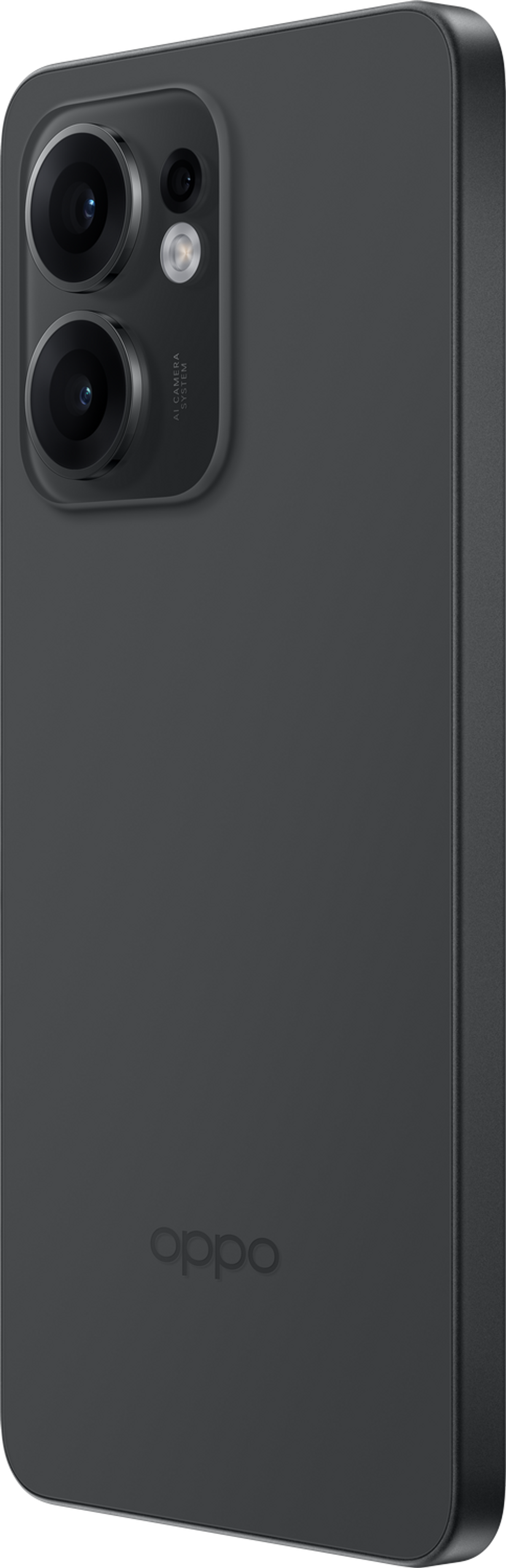 Smartphone negro con cámaras duales y logo Oppo en la parte trasera.