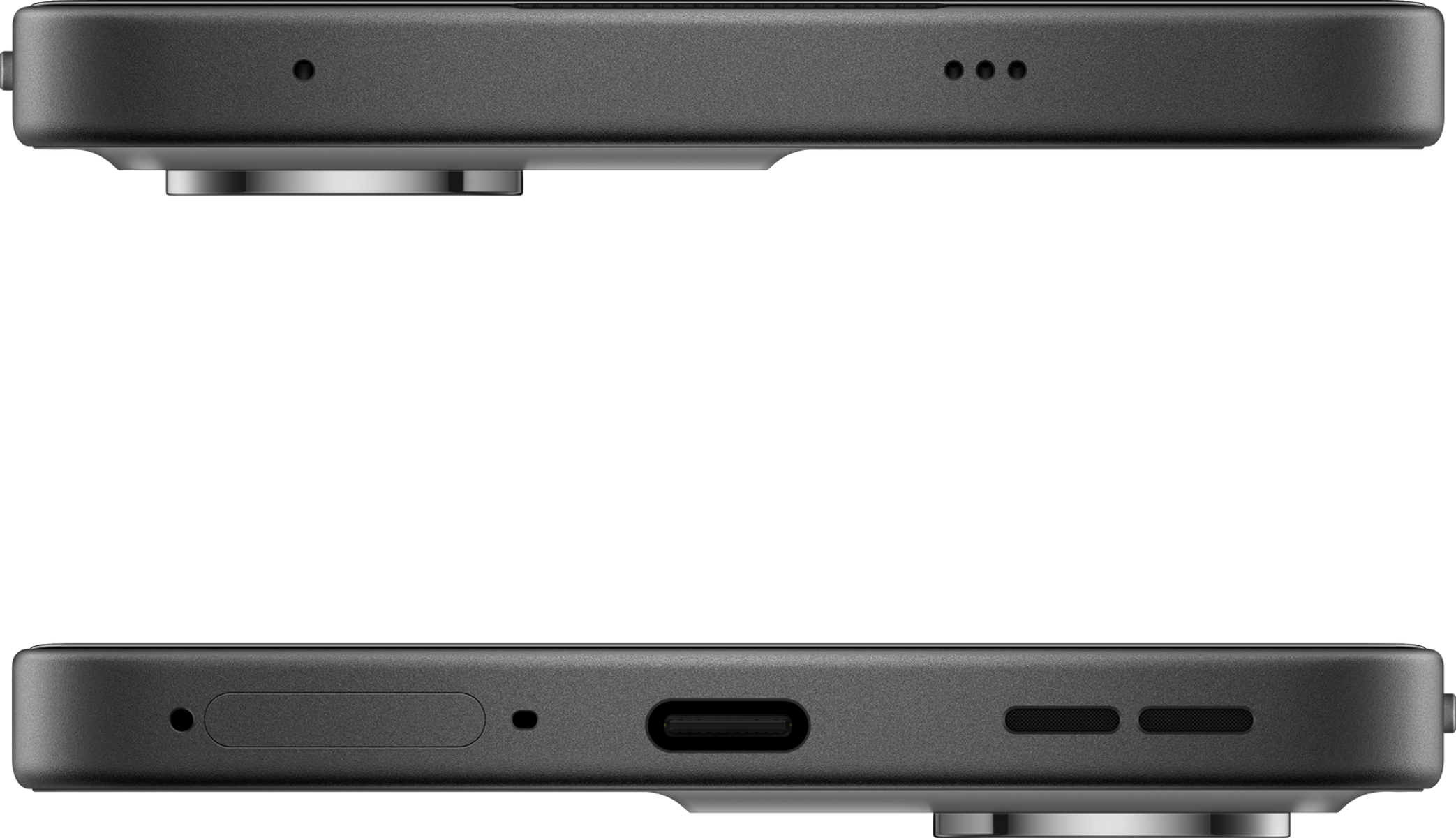 Primer plano de los bordes superior e inferior de un teléfono inteligente gris.