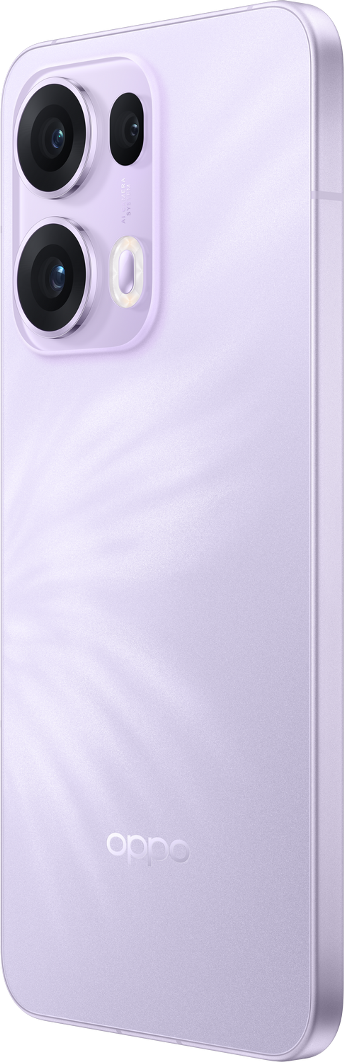 Fioletowy telefon Oppo. Posiada moduł aparatu z trzema obiektywami i logo Oppo z tyłu.
