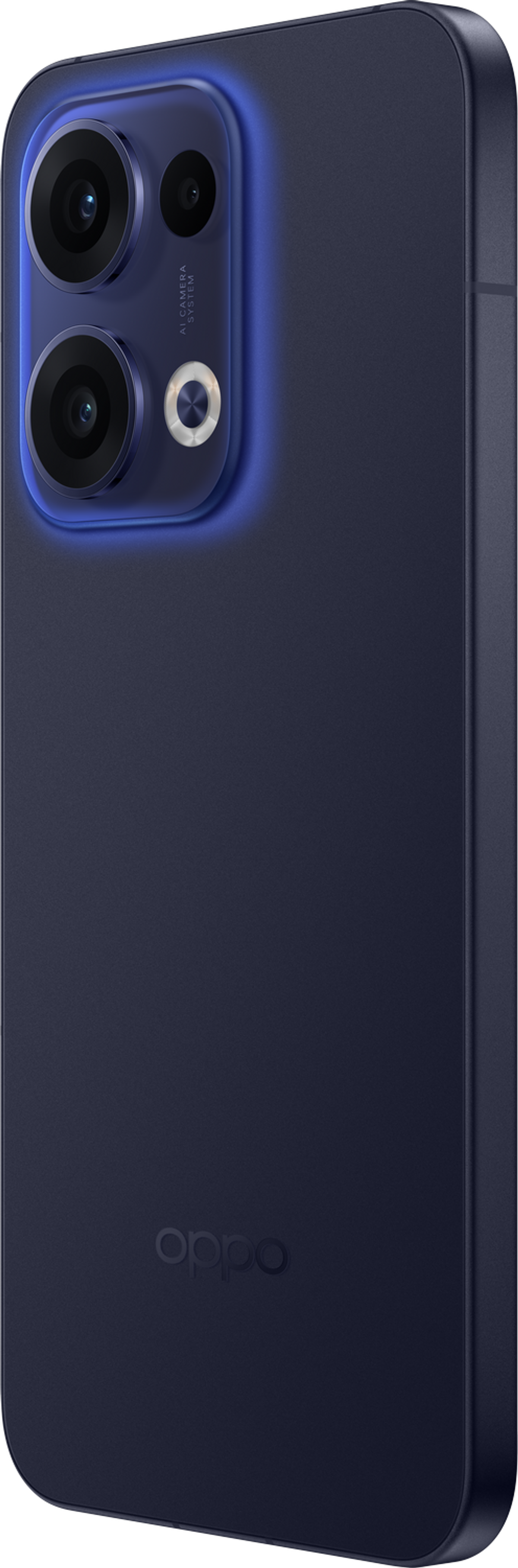 Ciemnoniebieski smartfon OPPO z kwadratowym modułem aparatu i nazwą marki.
