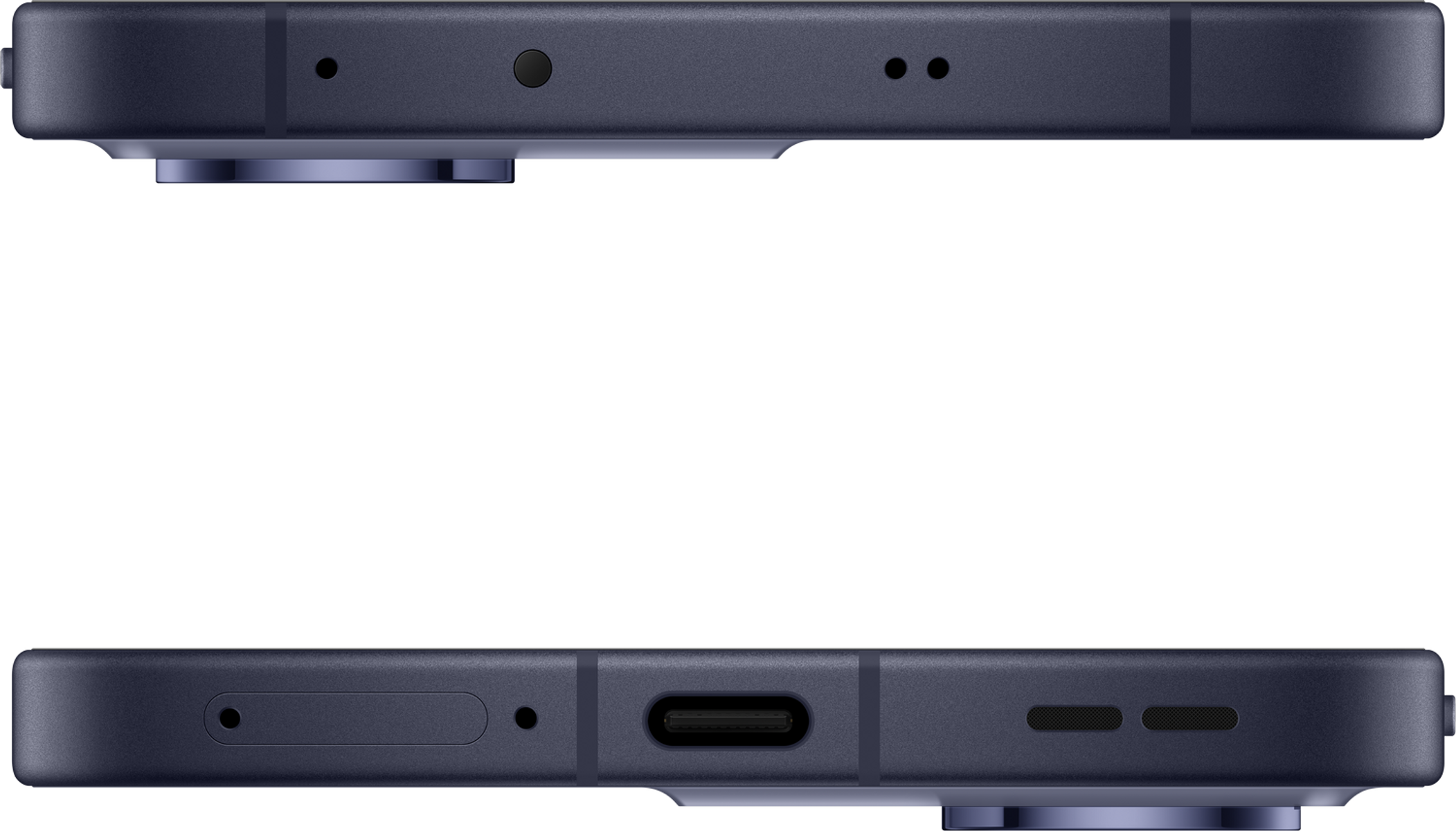 Zbliżenie na dół i górę ciemnoniebieskiego smartfona, pokazujące porty i aparat.