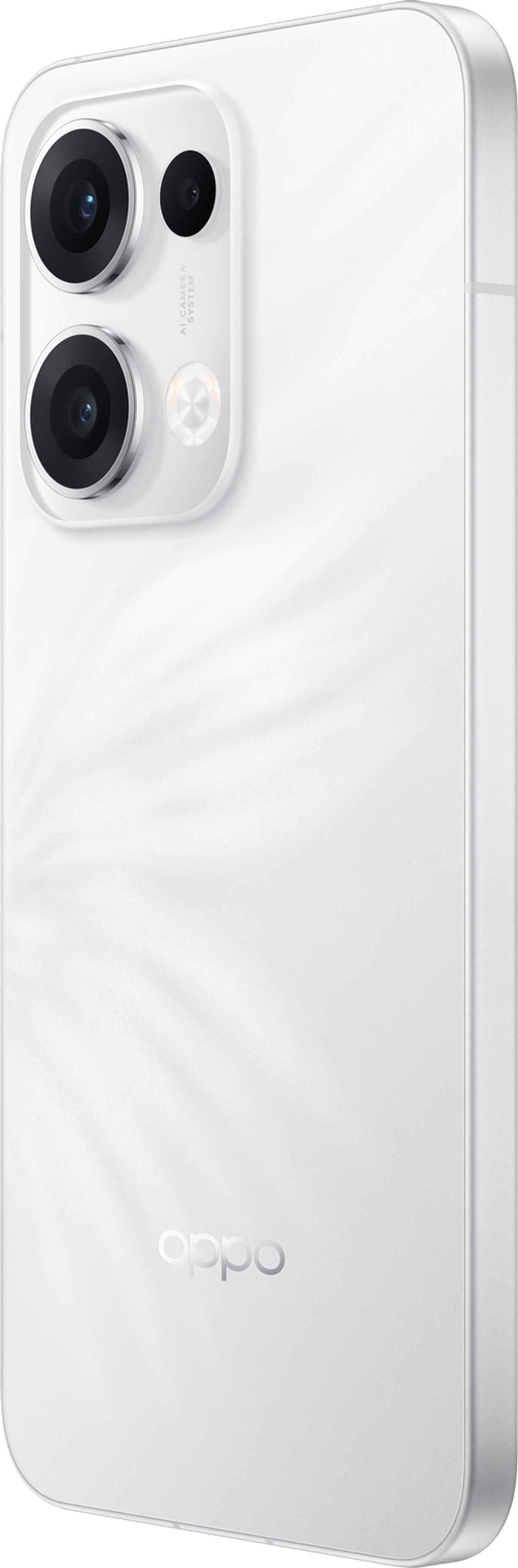 Biały smartfon z wieloma aparatami i logo Oppo z tyłu.
