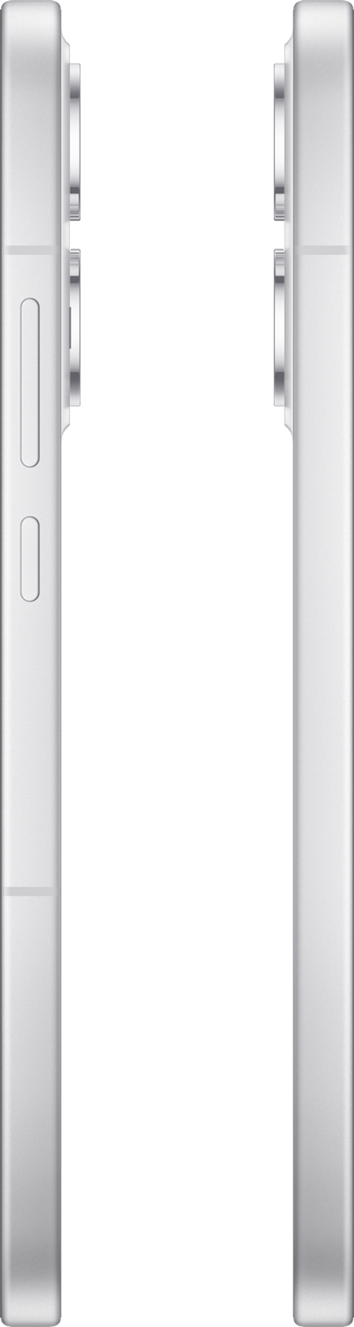 Dwa białe smartfony, z widocznymi profilami bocznymi pokazującymi przyciski i aparat.