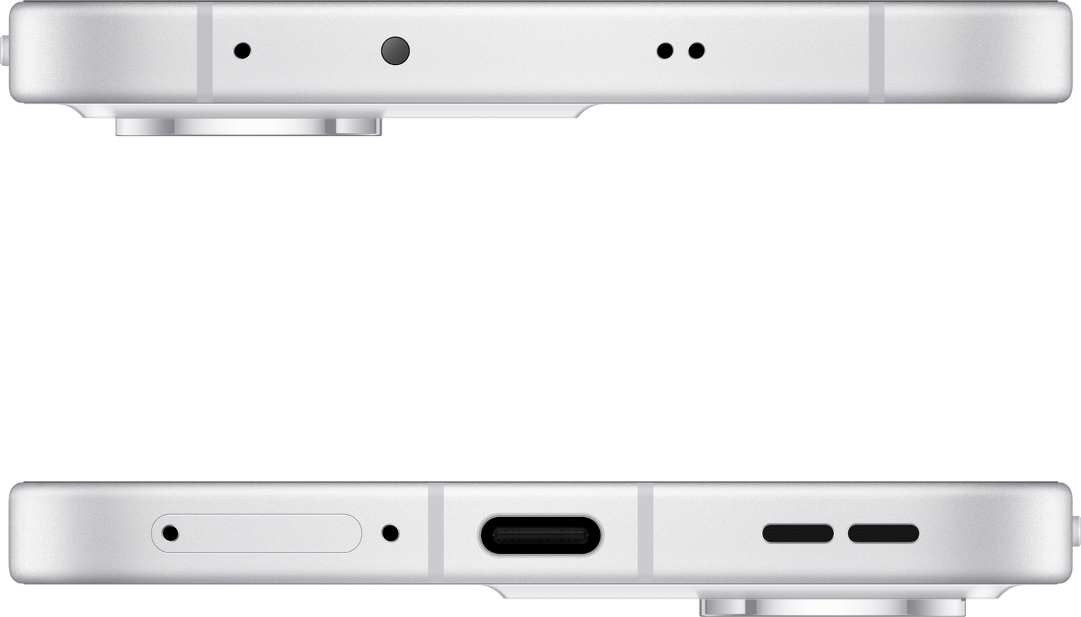 Zbliżenie białego smartfona pokazujące bok z przyciskami i aparatem.