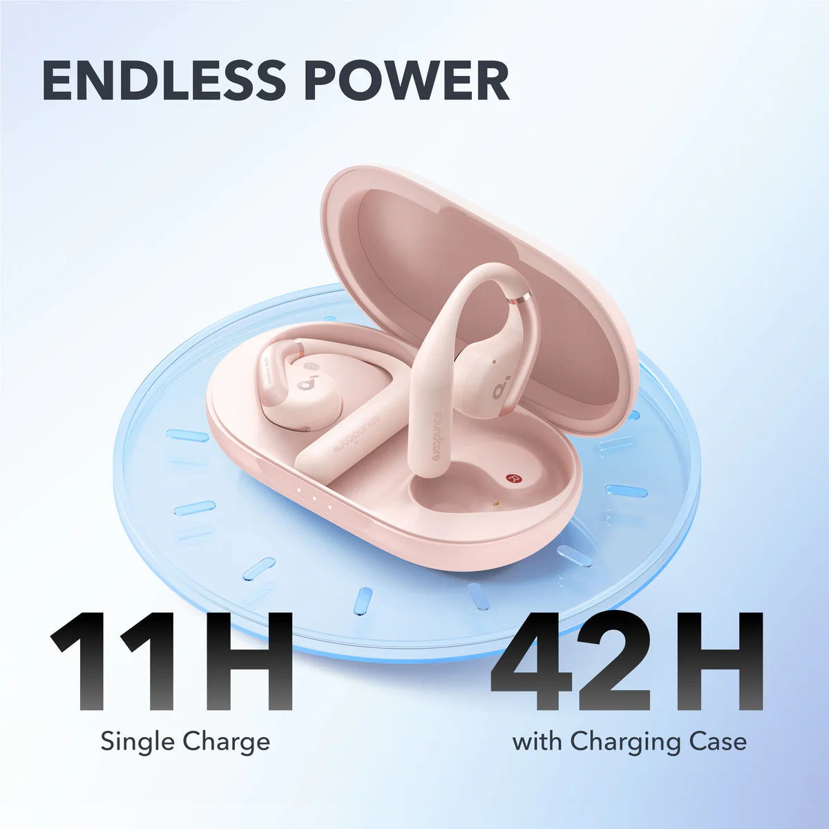Cuffie rosa in una custodia di ricarica rosa, il testo recita 'Endless Power', '11H' e '42H'.