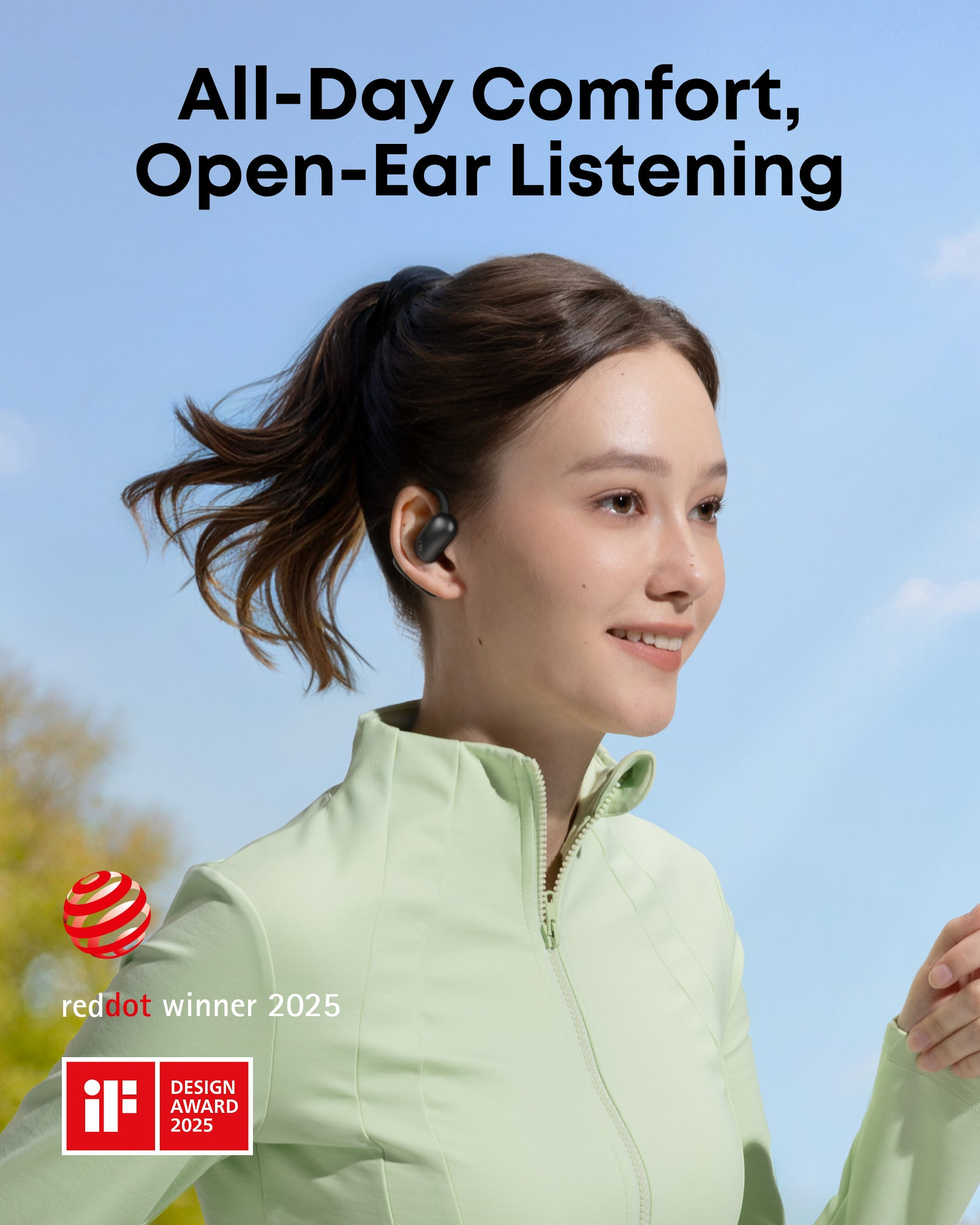 Mujer con ropa deportiva verde con auriculares, sonriendo, texto 'All-Day Comfort, Open-Ear'.