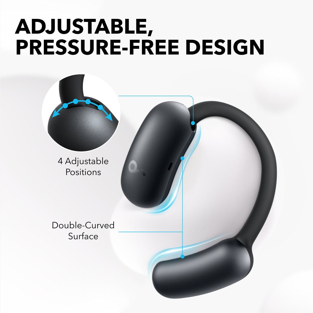 Auriculares negros con detalles de diseño ajustables, vista de cerca. Fondo blanco y texto en el fondo.