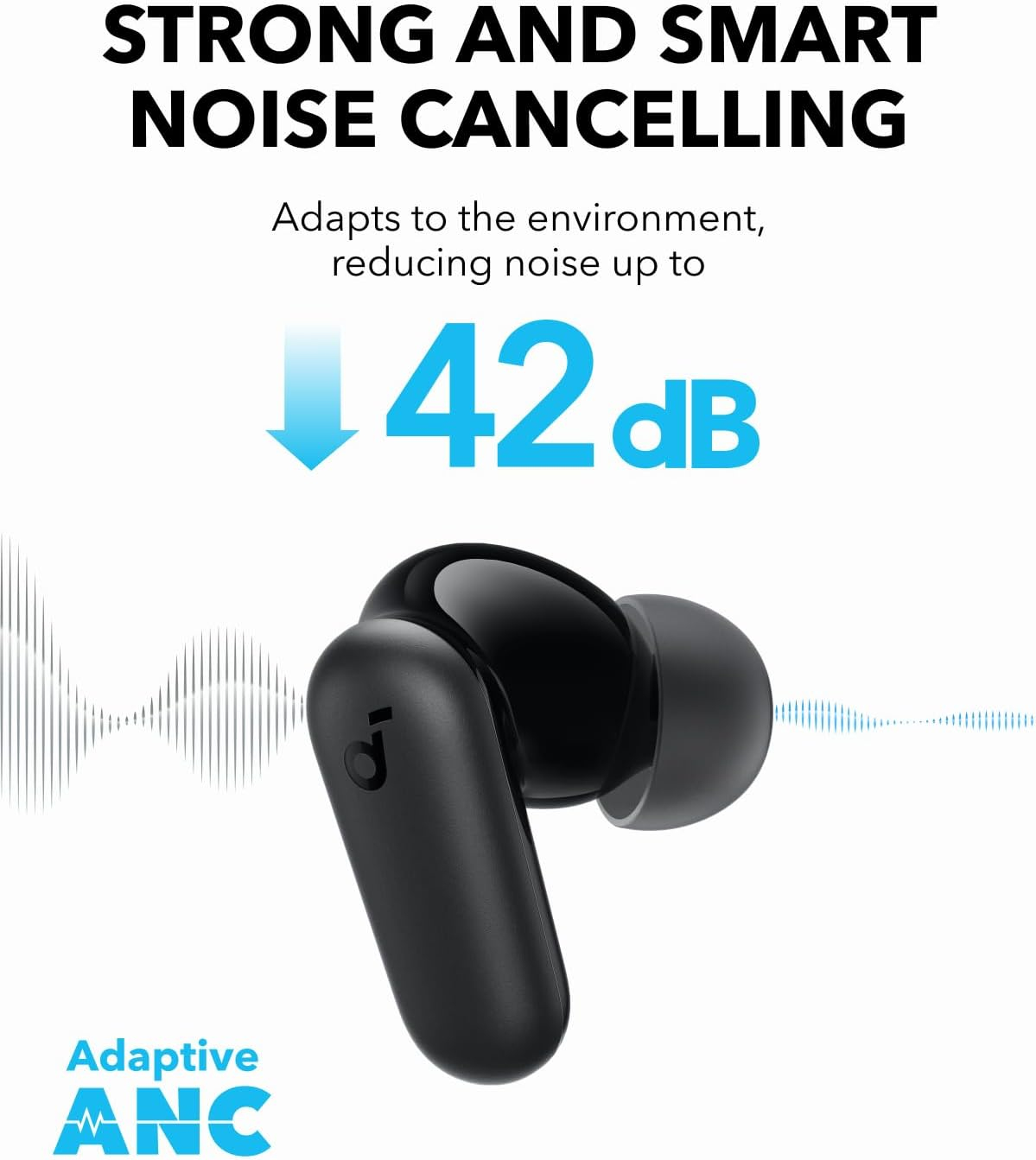 Auriculares negros, texto 'Strong and Smart Noise Cancelling' y reducción de '42 dB'.