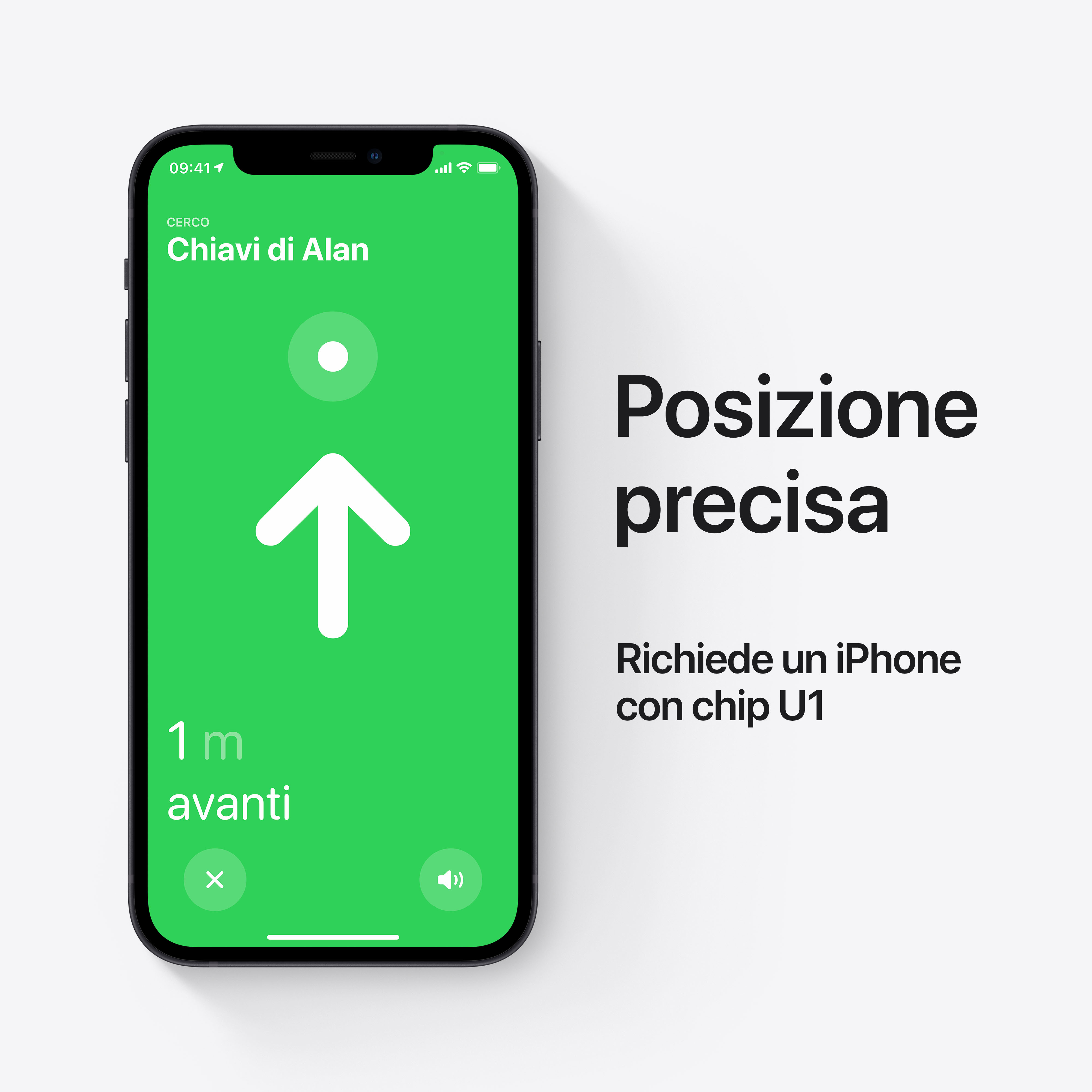 Ekran iPhone'a pokazujący lokalizację. Strzałka w górę, z napisem '1 m avanti'.