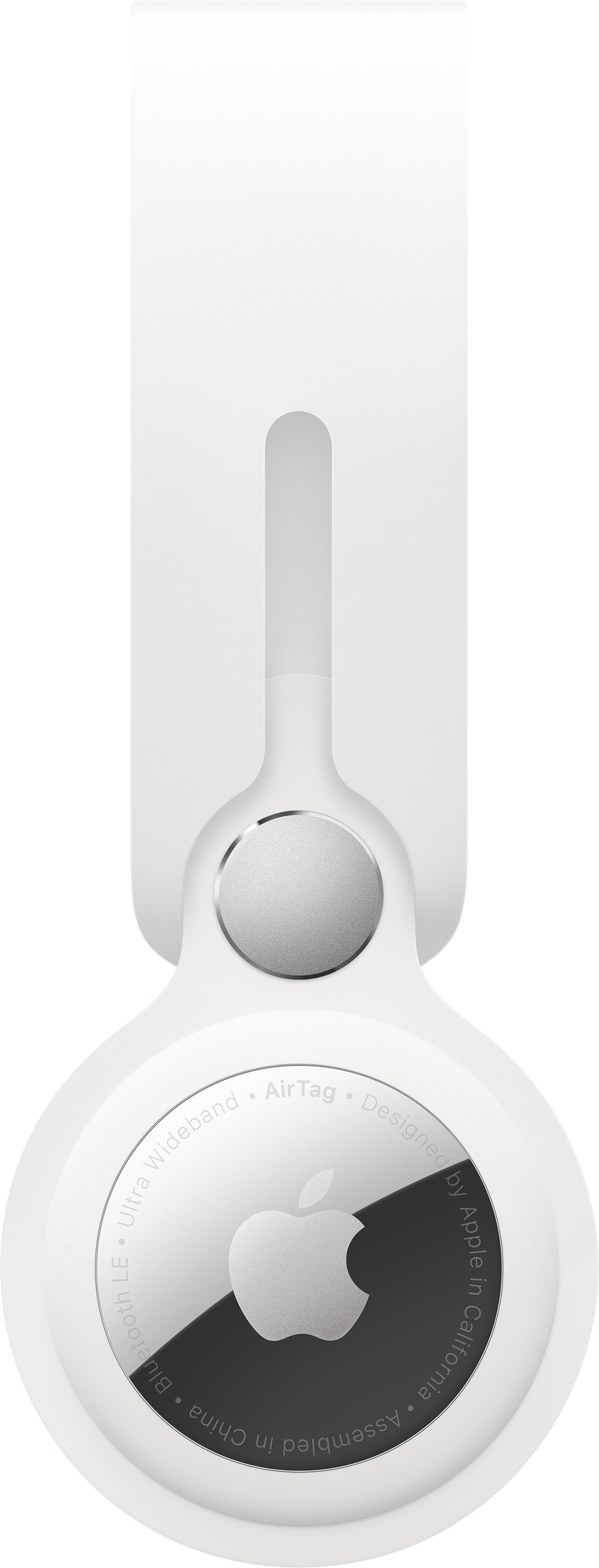 White Apple AirTag with a black circle and Apple logo, hanging from a white strap.