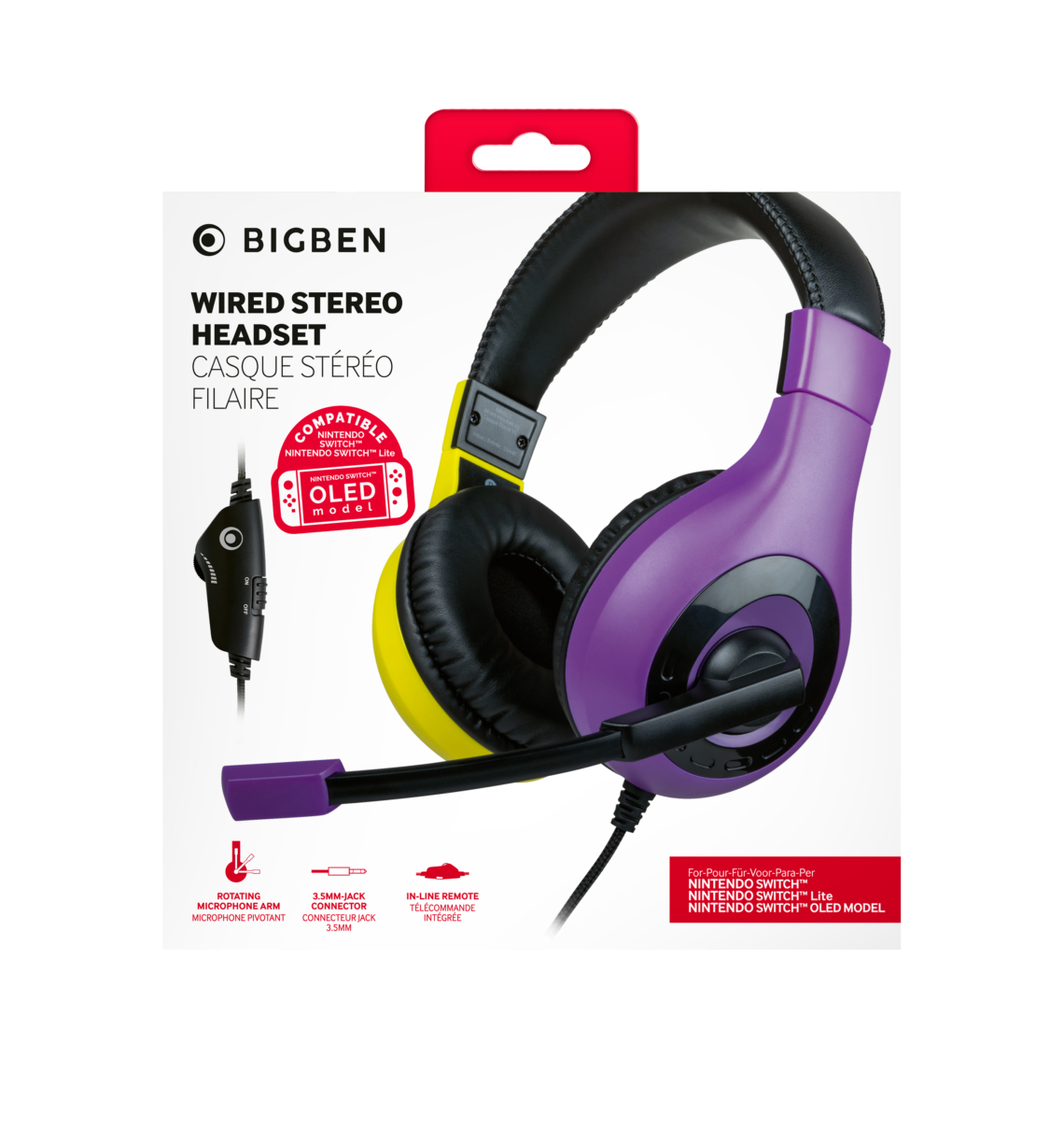 Lila-gelbes kabelgebundenes Stereo-Headset. Die Box zeigt eine Seitenansicht des Headsets.