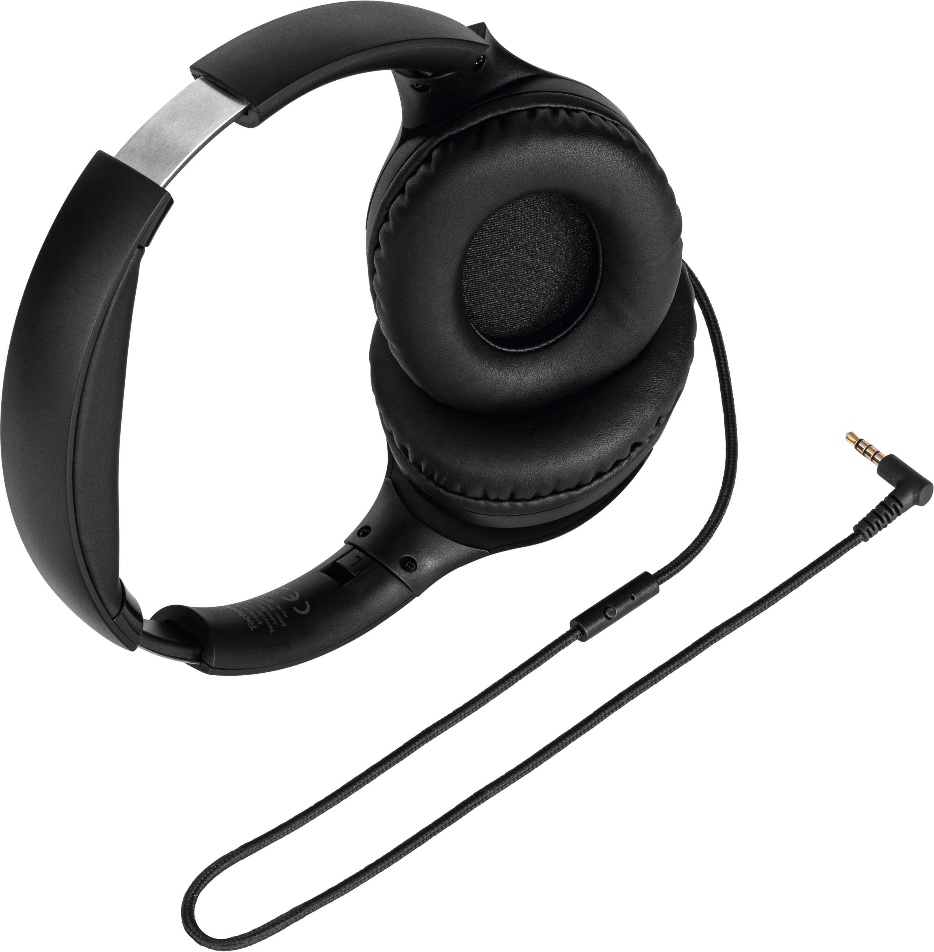 Czarne słuchawki z kablem i wtyczką, na białym tle.